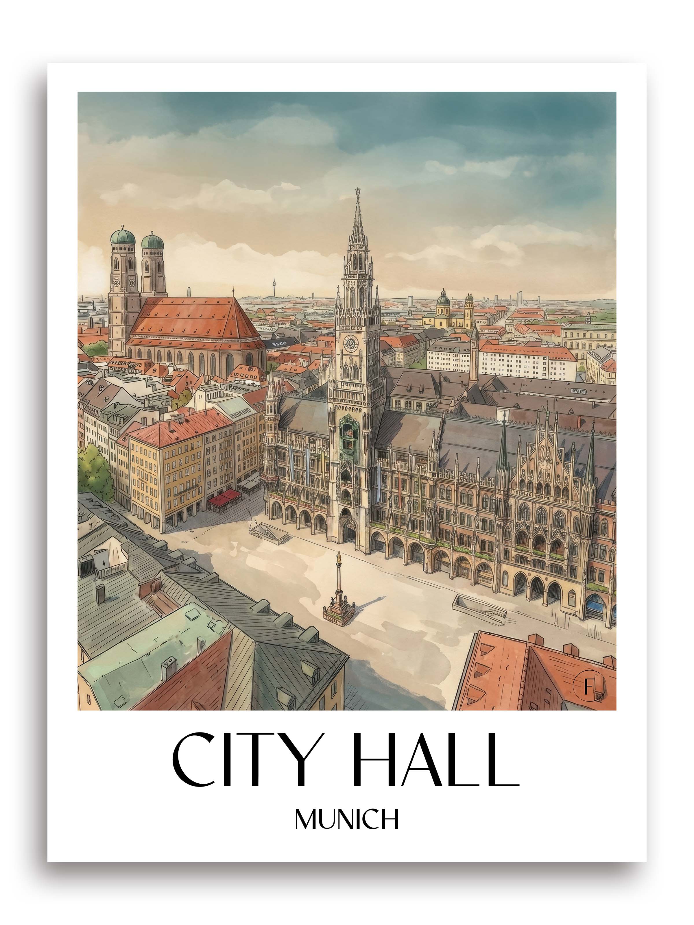 Rathaus Poster - München - Deutschland Kunstdruck - Aquarell von A4 bis A1 - favplace
