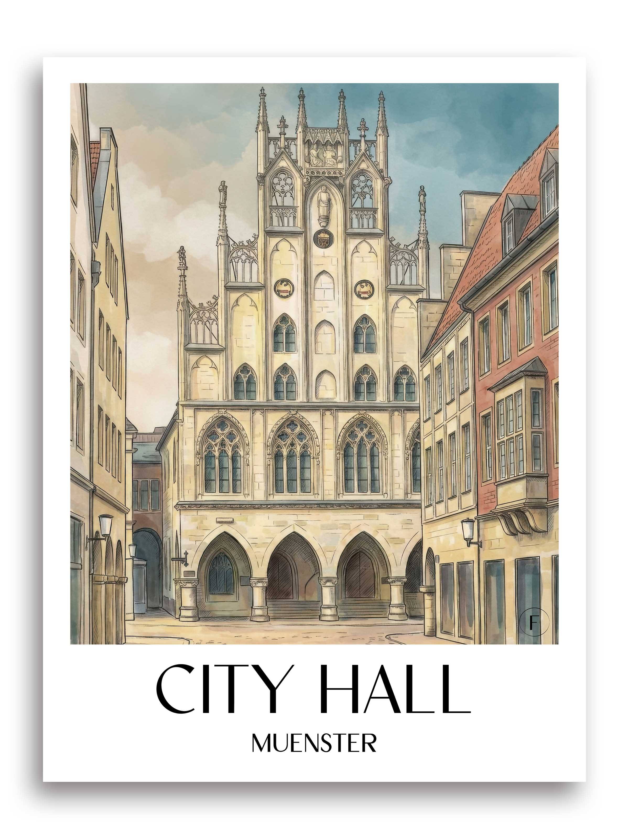 Rathaus Poster - Münster - Deutschland Kunstdruck - Aquarell von A4 bis A1 - favplace