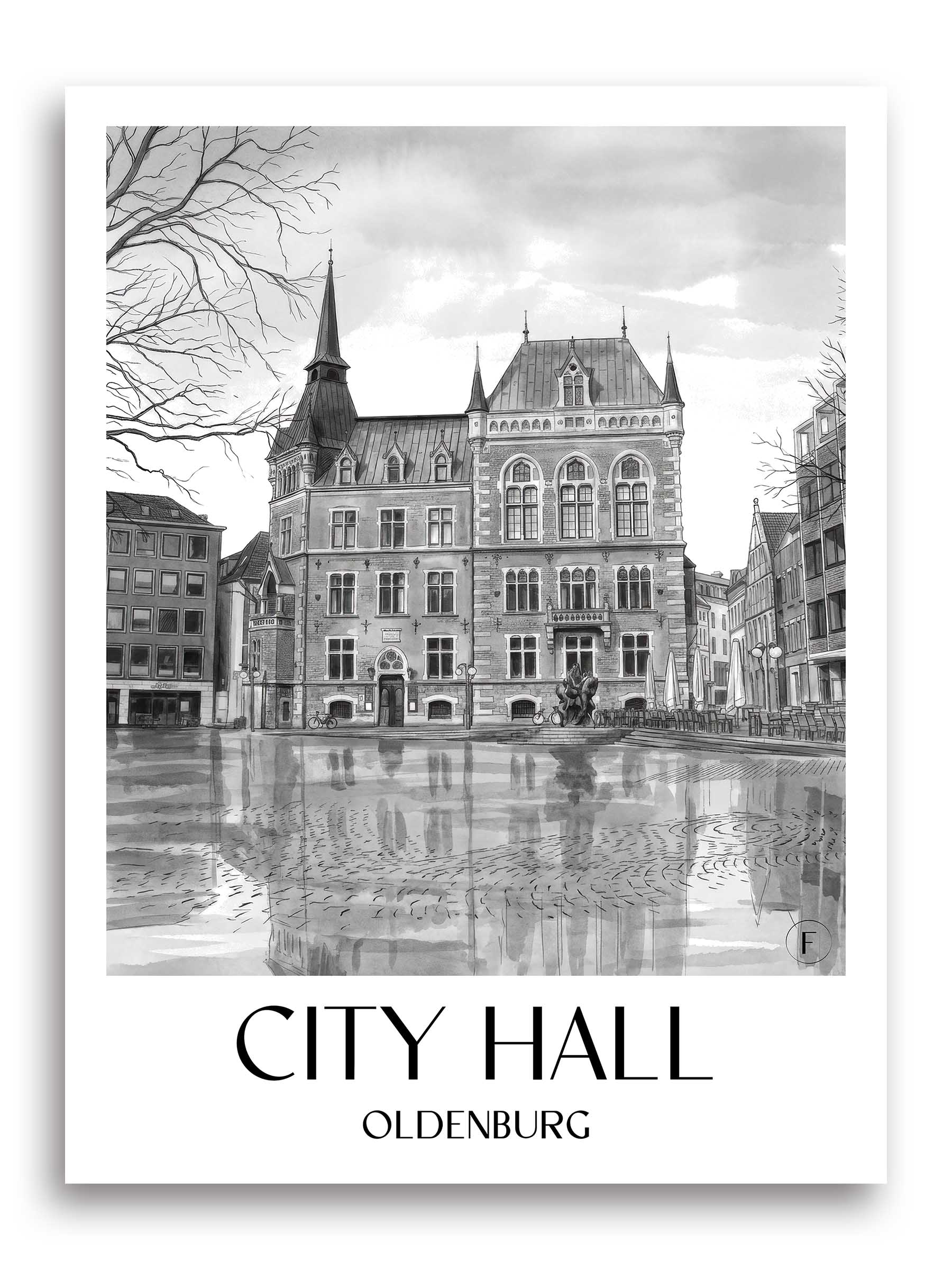 Rathaus Poster - Oldenburg - Deutschland Kunstdruck - Aquarell Schwarz-Weiß von A4 bis A1
