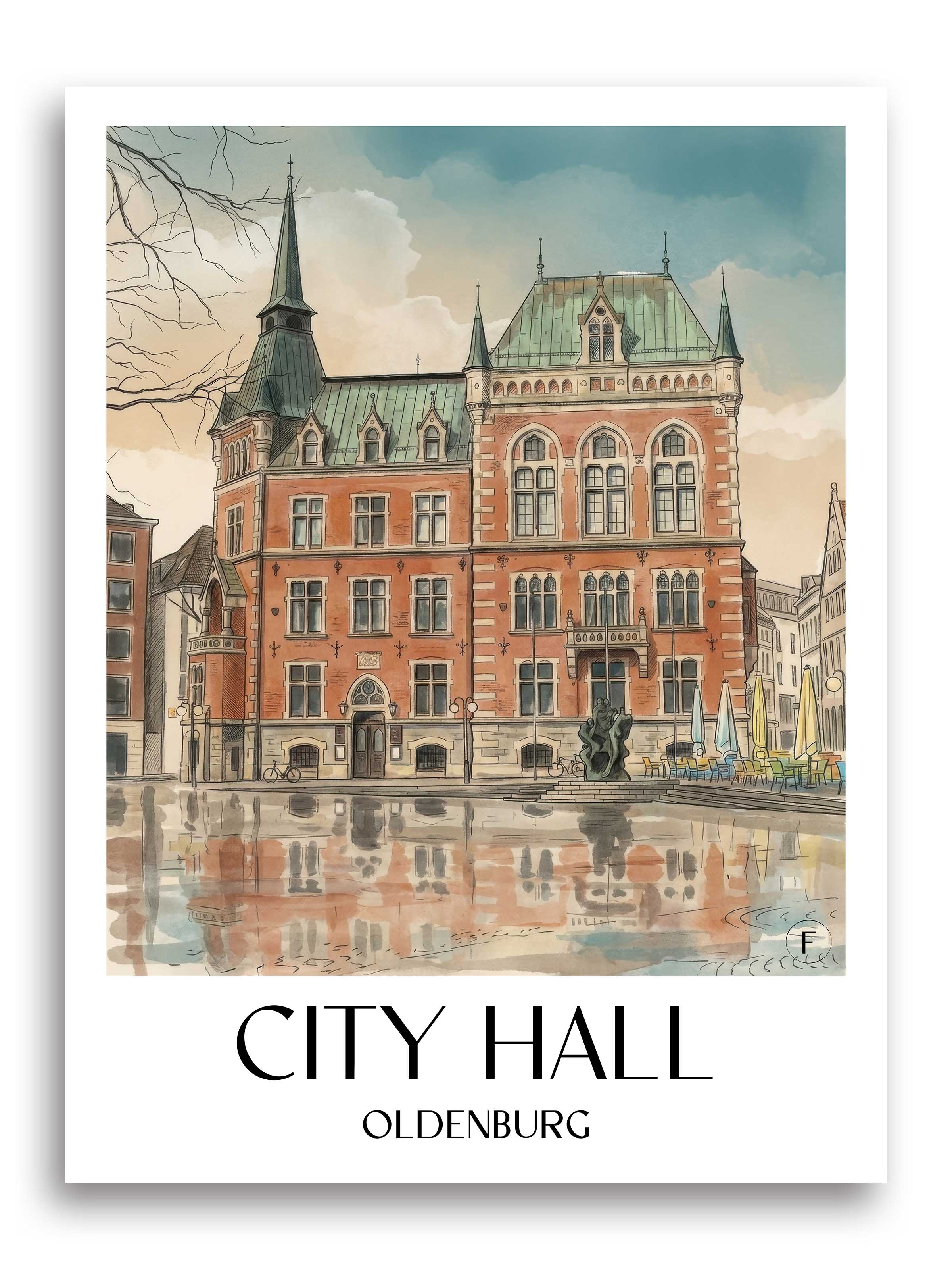 Rathaus Poster - Oldenburg - Deutschland Kunstdruck - Aquarell von A4 bis A1 - favplace
