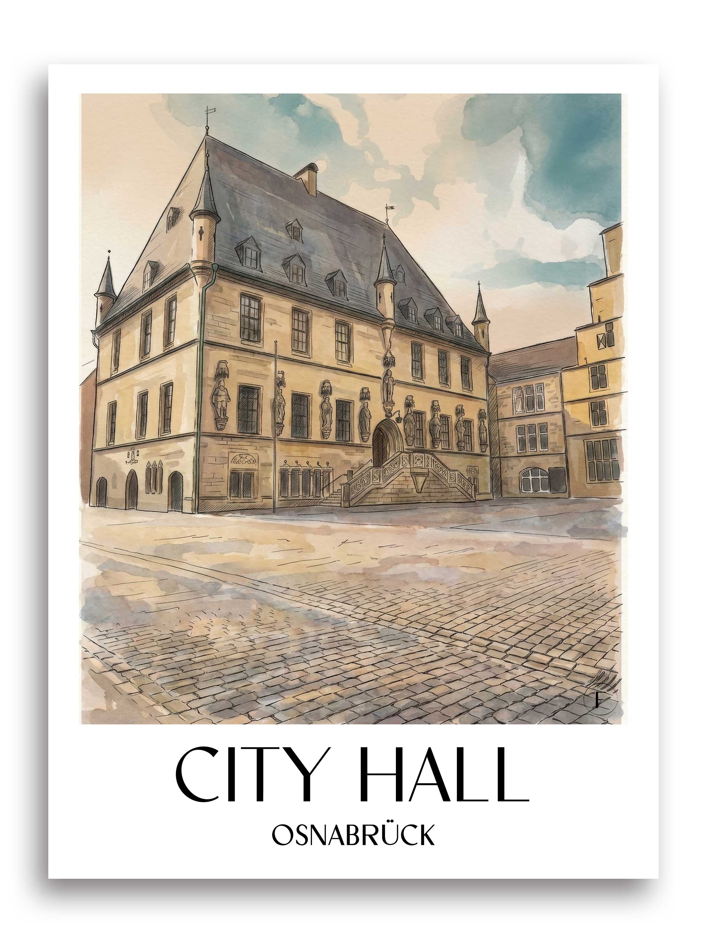 Rathaus Poster - Osnabrück - Deutschland Kunstdruck - Aquarell von A4 bis A1 - favplace