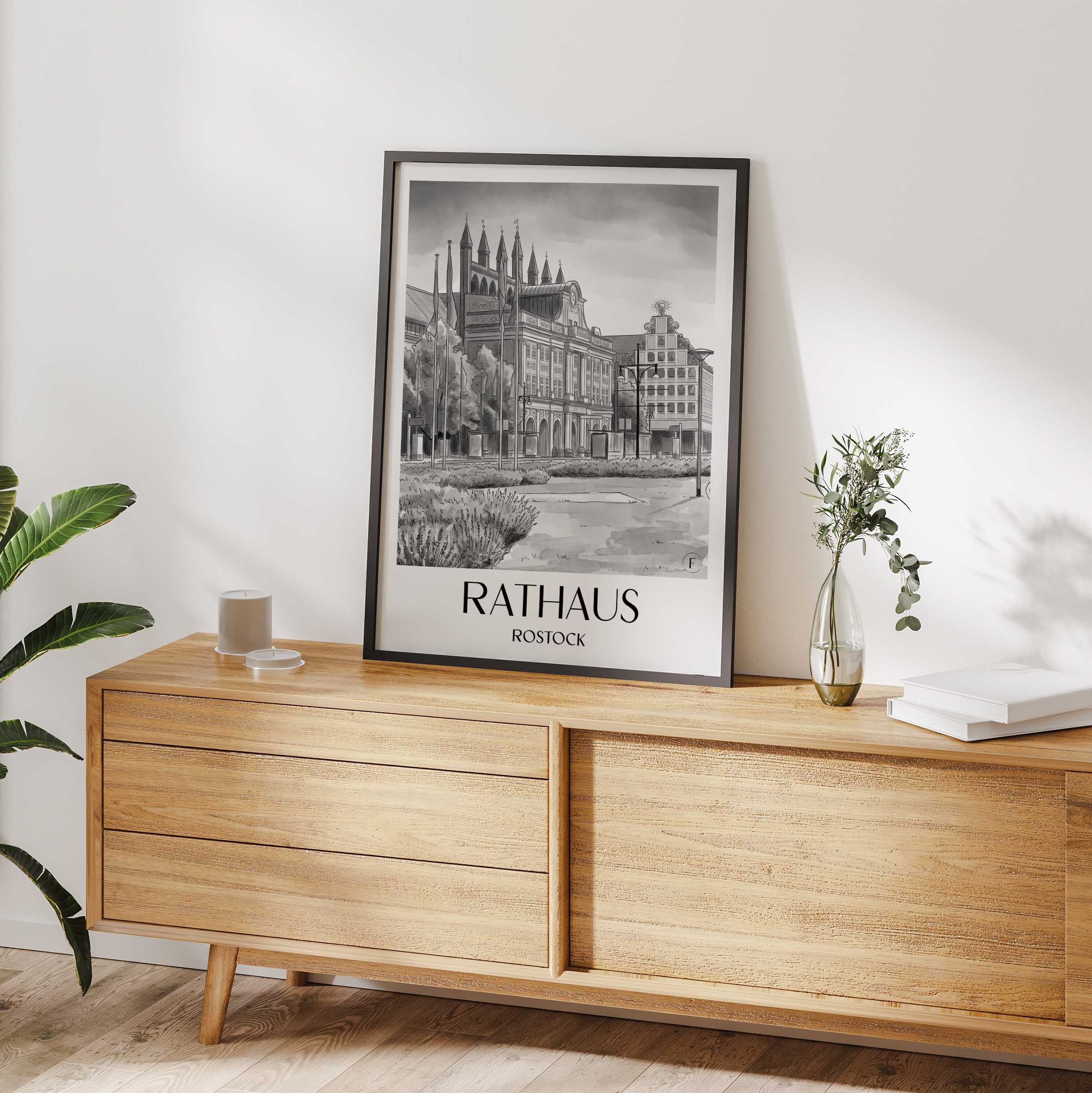 rathaus-rostock-deutschland-poster-aquarell-schwarz-weiss