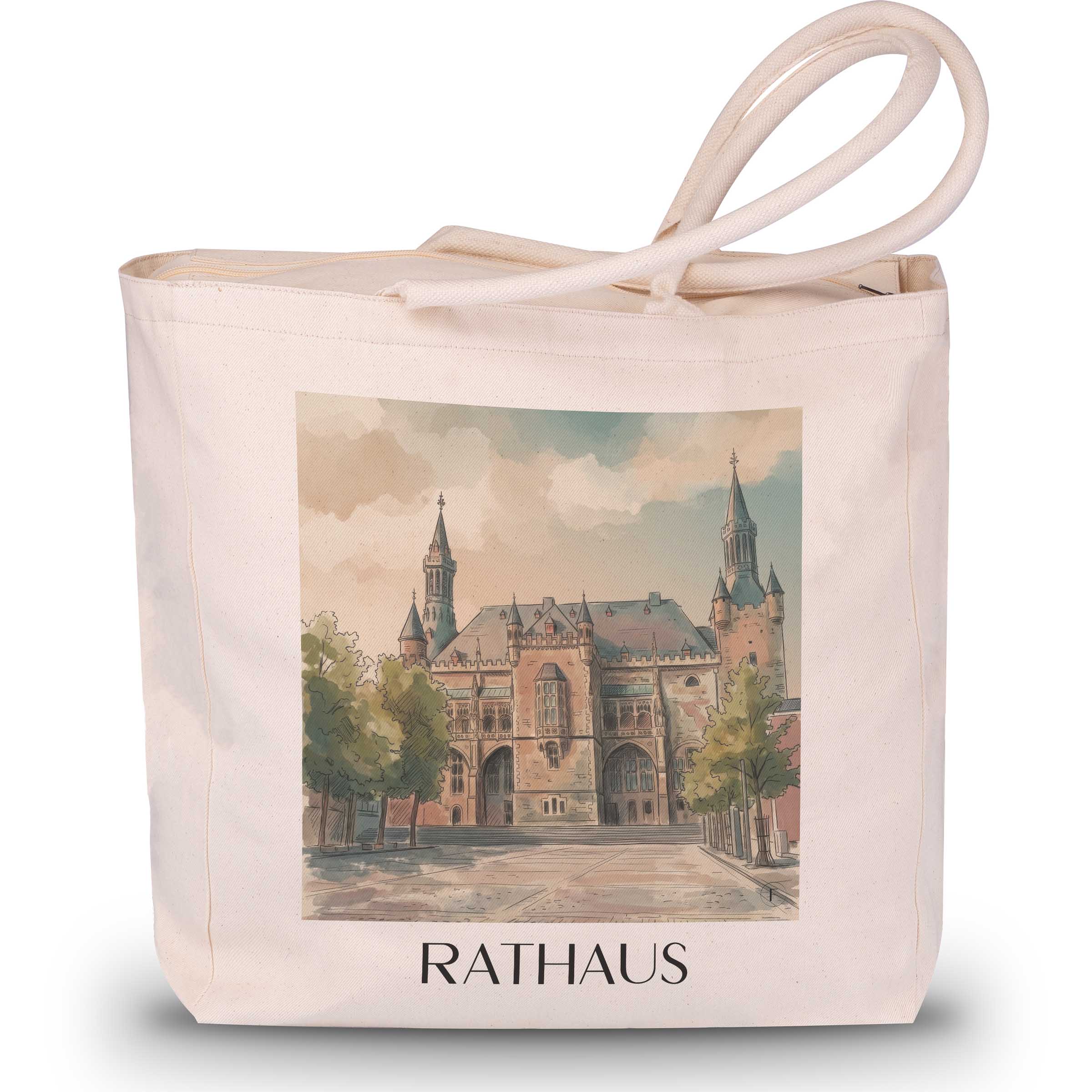 rathaus--aachen-deutschland-einkaufstasche-aquarell