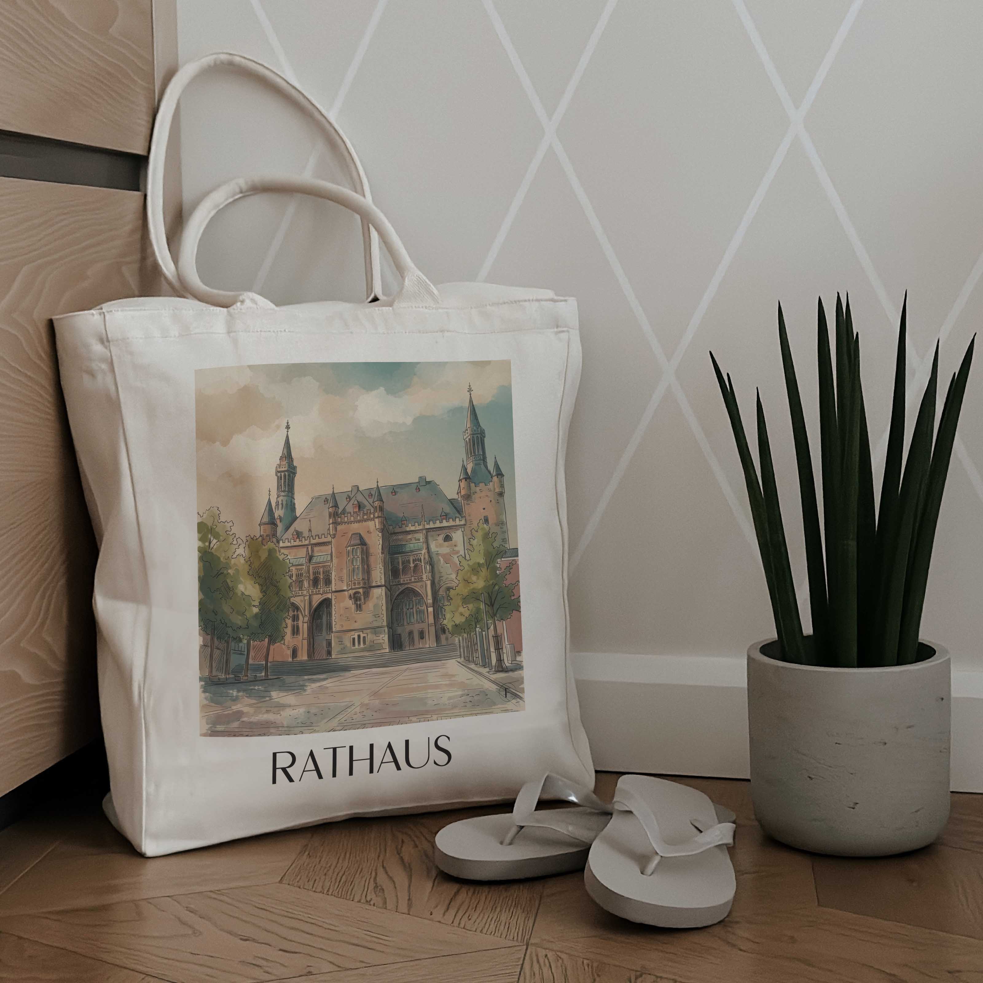rathaus--aachen-deutschland-einkaufstasche-aquarell