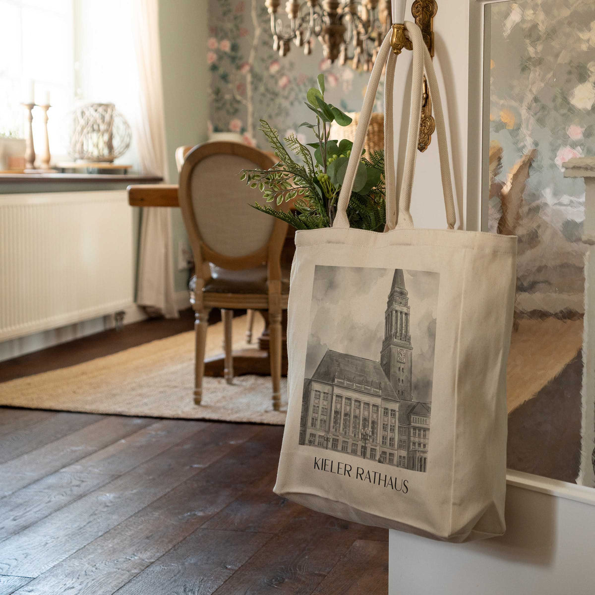 rathaus-kiel-deutschland-einkaufstasche-aquarell-schwarz-weiss