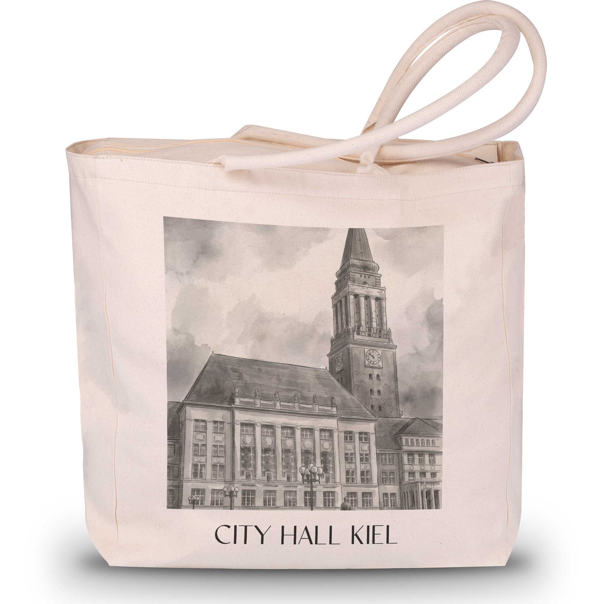 Rathaus Shopping Tasche - Kiel - Deutschland Tote Bag - Einkaufstasche im Aquarell Schwarz-Weiß Stil - favplace