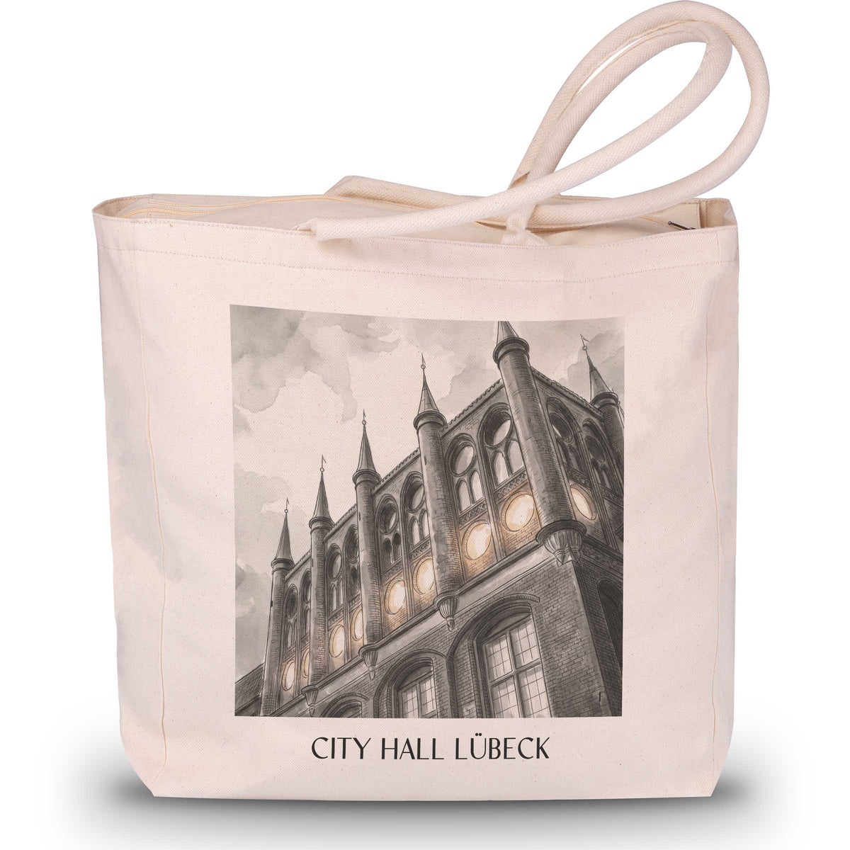 Rathaus Shopping Tasche - Lübeck - Deutschland Tote Bag - Einkaufstasche im Aquarell Schwarz-Weiß Stil - favplace