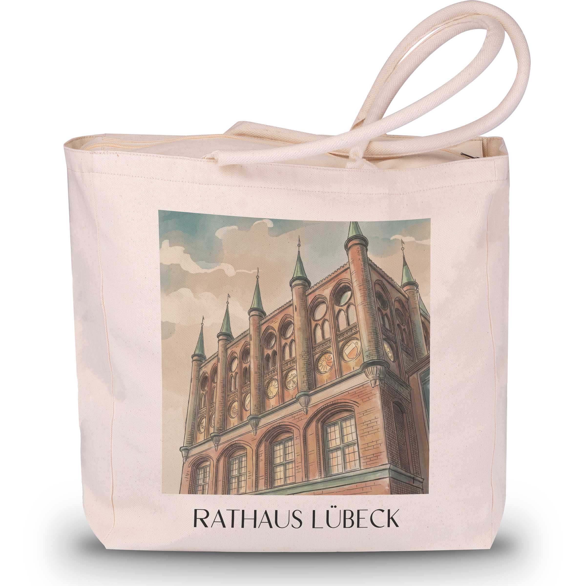 rathaus-lübeck-deutschland-einkaufstasche-aquarell
