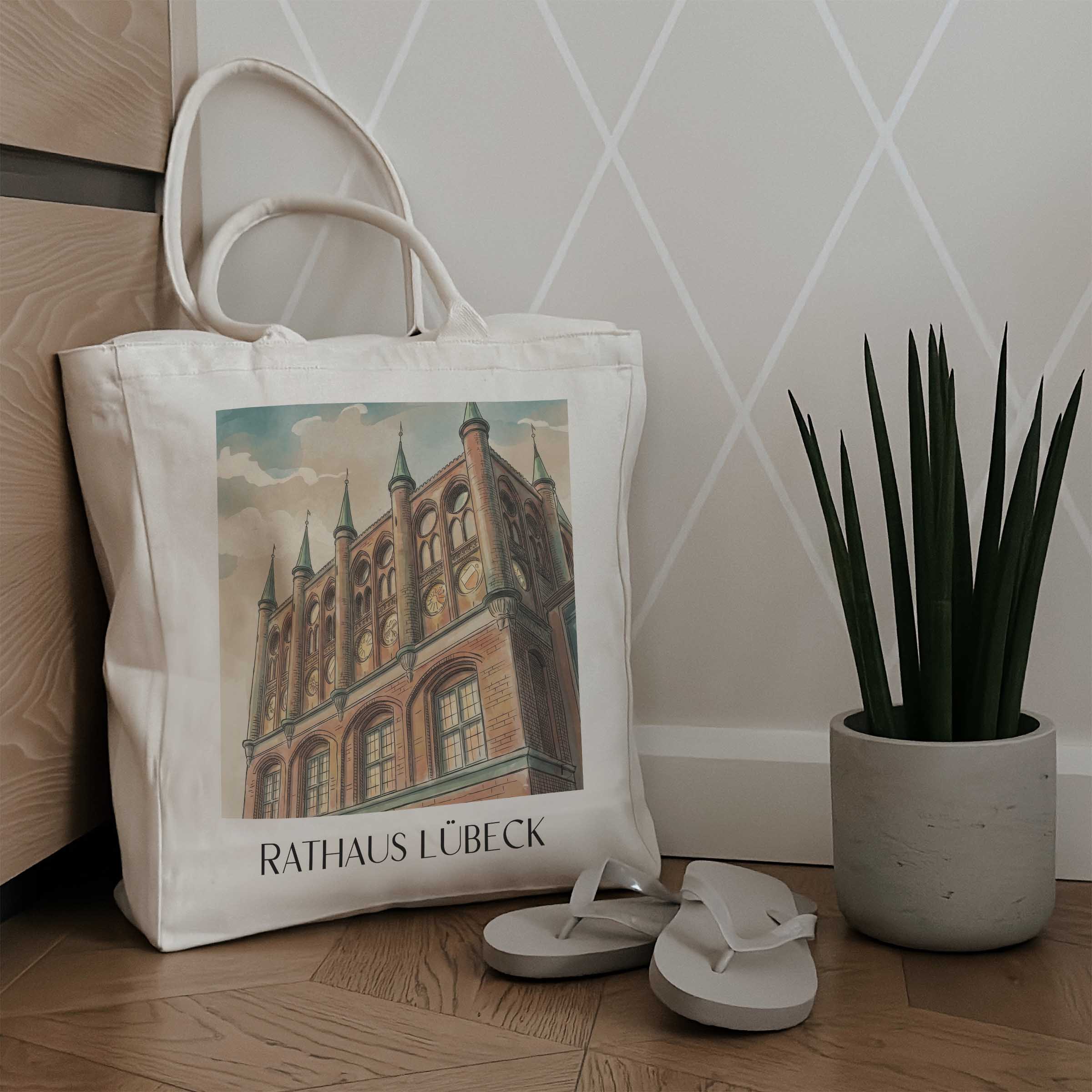 rathaus-lübeck-deutschland-einkaufstasche-aquarell