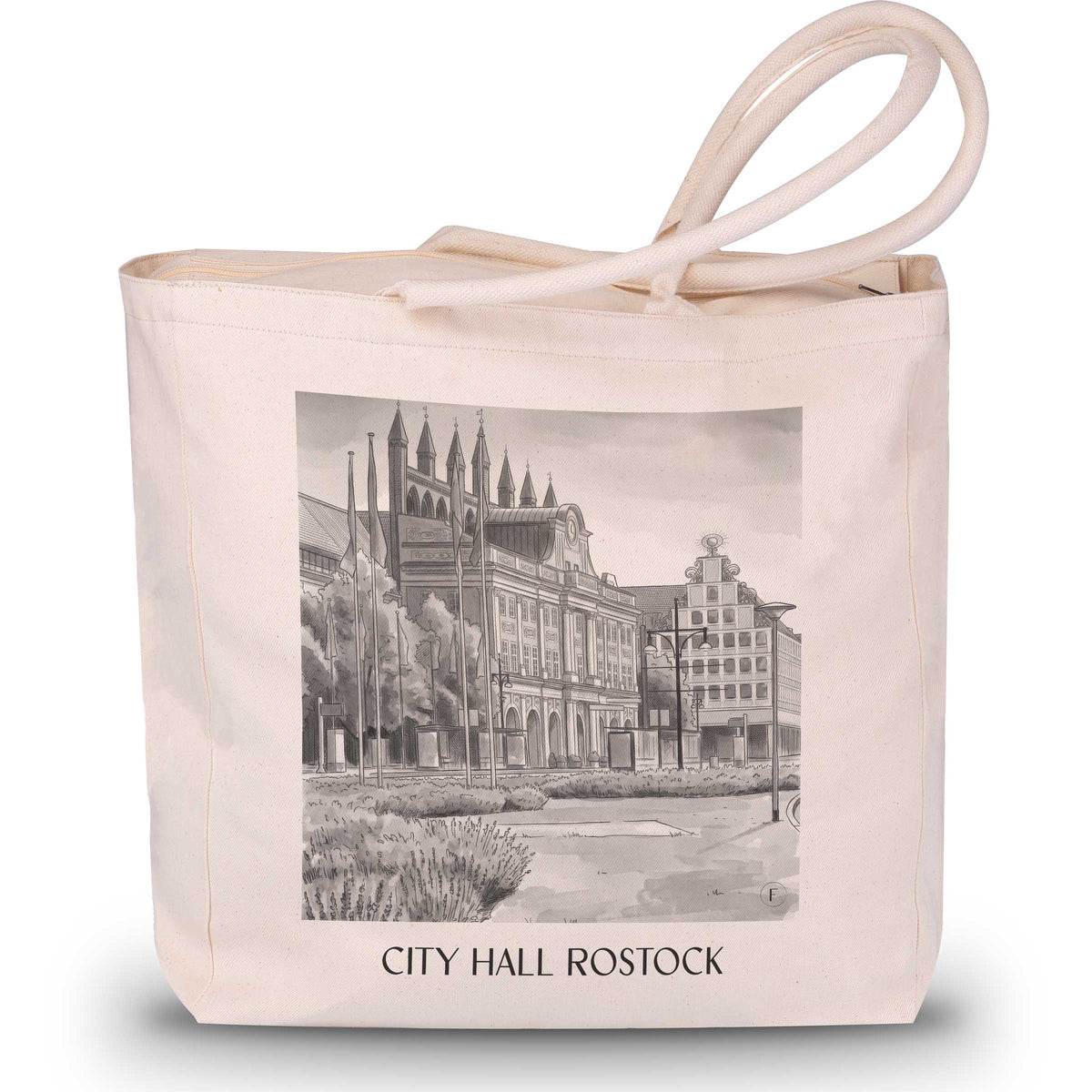 Rathaus Shopping Tasche - Rostock - Deutschland Tote Bag - Einkaufstasche im Aquarell Schwarz-Weiß Stil - favplace