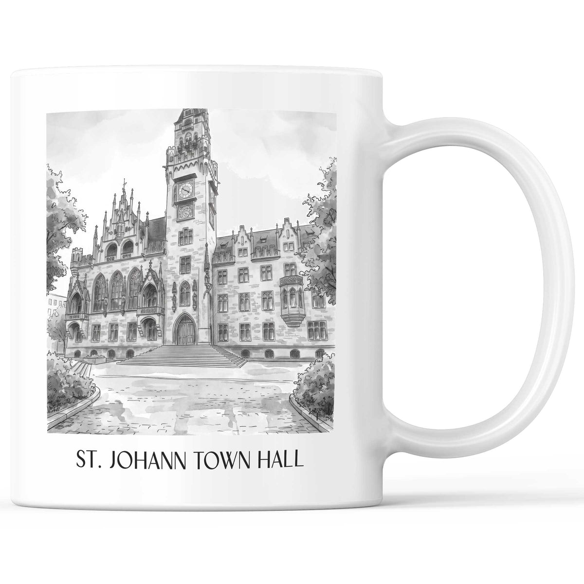 Rathaus St. Johann Kaffeebecher - Saarbrücken - Deutschland Becher - Kaffeetasse im Aquarell Schwarz-Weiß Stil - favplace
