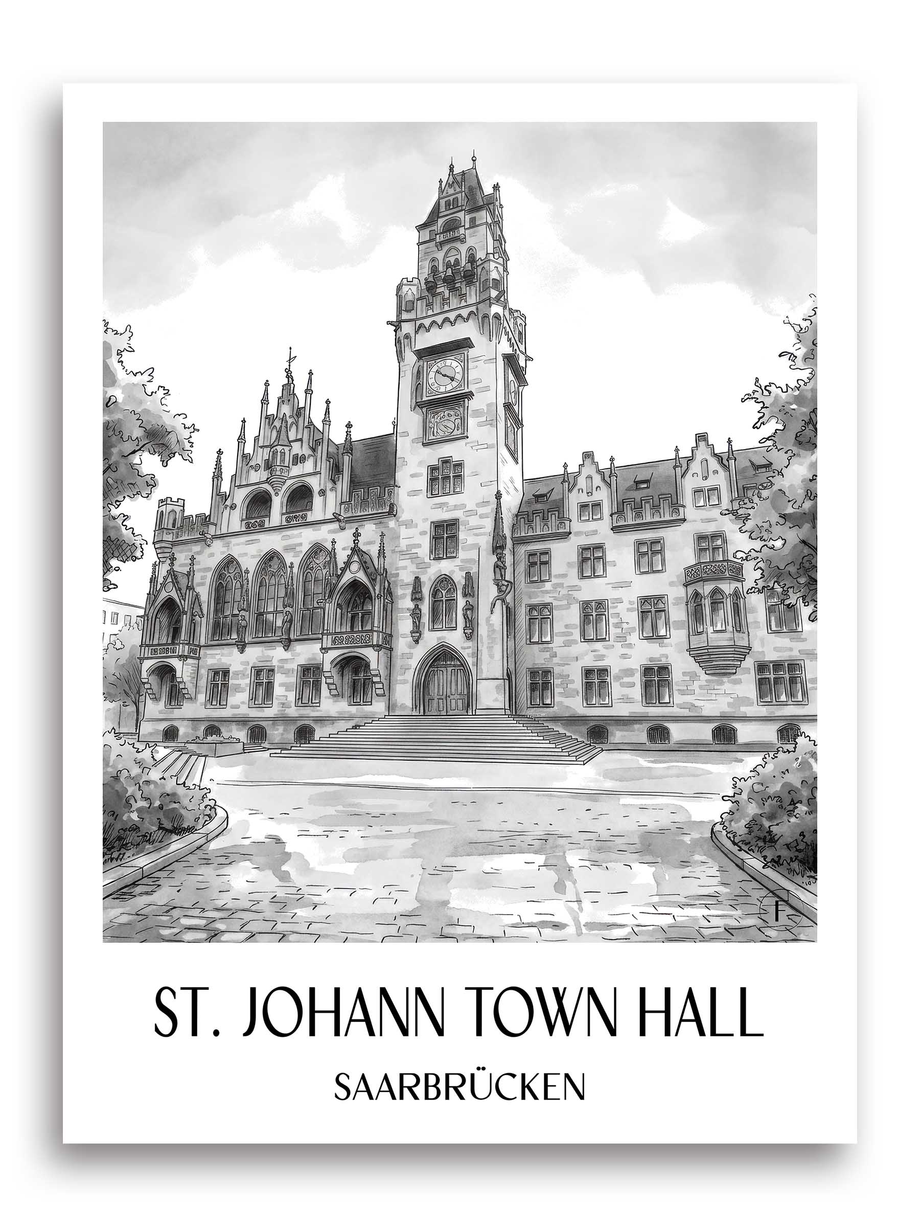 Rathaus St. Johann Poster - Saarbrücken - Deutschland Kunstdruck - Aquarell Schwarz-Weiß von A4 bis A1
