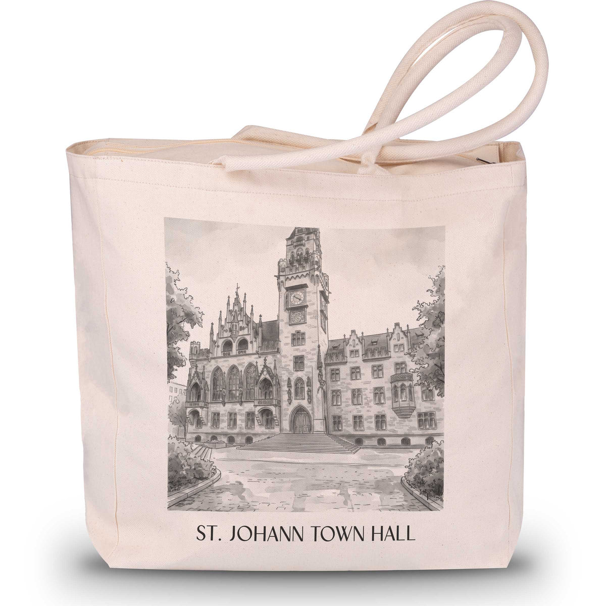 Rathaus St. Johann Shopping Tasche - Saarbrücken - Deutschland Tote Bag - Einkaufstasche im Aquarell Schwarz-Weiß Stil - favplace