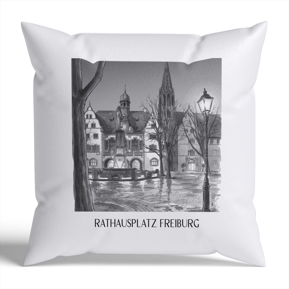 rathausplatz-freiburg-deutschland-kissenbezug-aquarell-schwarz-weiss