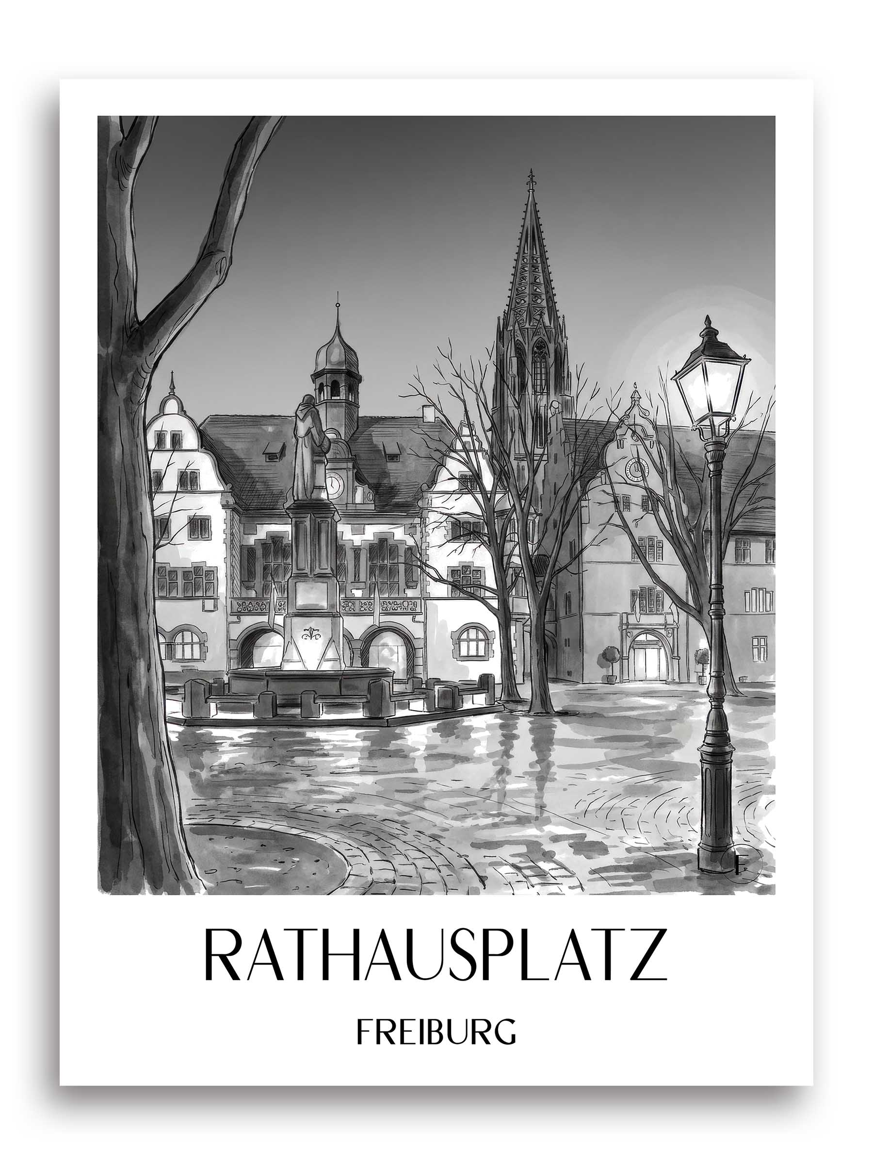 rathausplatz-freiburg-deutschland-poster-aquarell-schwarz-weiss