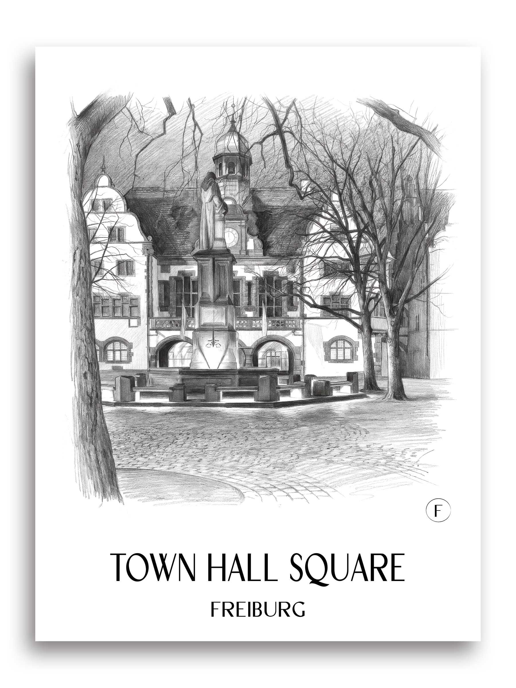 Rathausplatz Poster - Freiburg - Deutschland Kunstdruck - Zeichnung von A4 bis A1