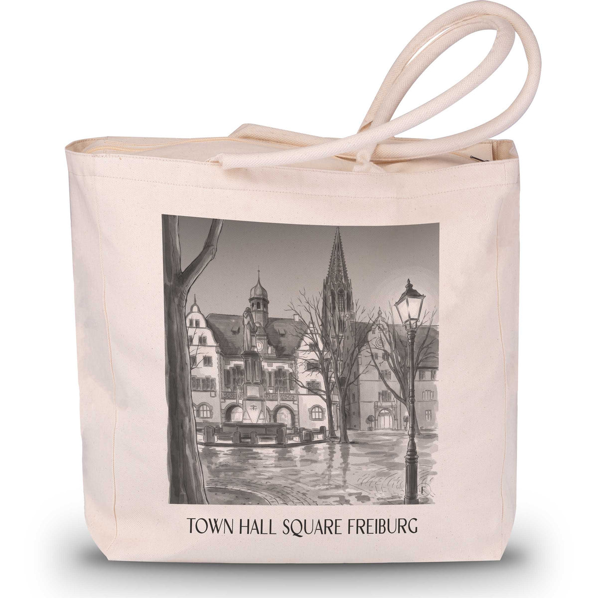Rathausplatz Shopping Tasche - Freiburg - Deutschland Tote Bag - Einkaufstasche im Aquarell Schwarz-Weiß Stil - favplace