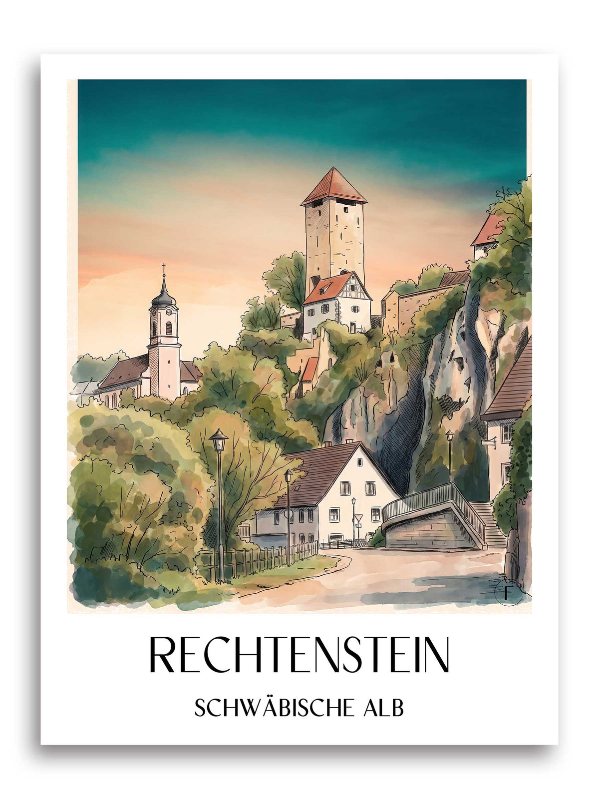 rechtenstein-schwäbische-alb-deutschland-poster-aquarell