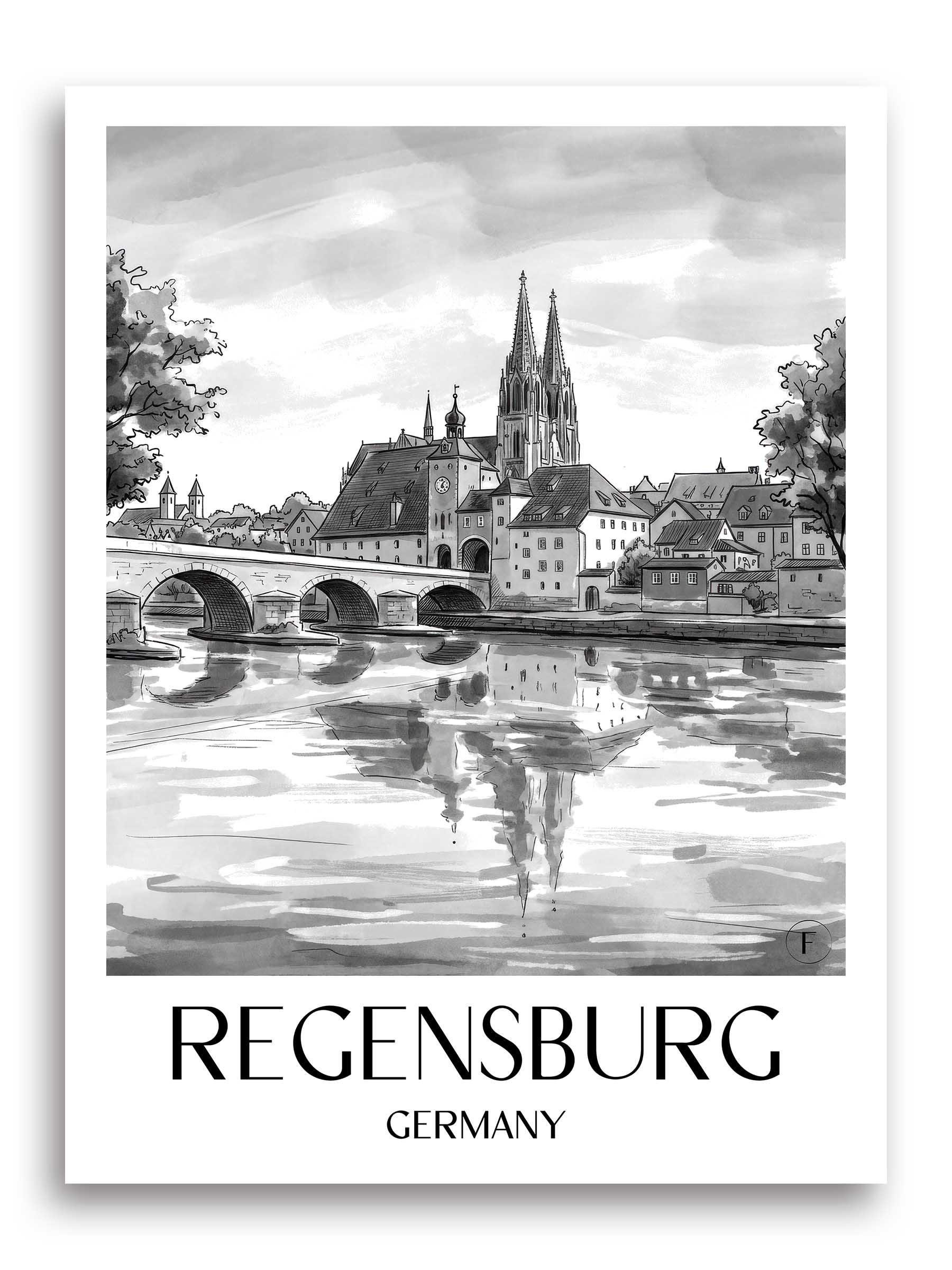 Regensburg Poster - Bayern - Deutschland Kunstdruck - Aquarell Schwarz-Weiß von A4 bis A1