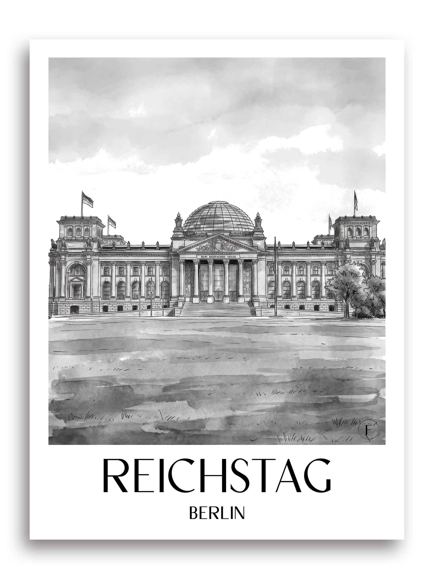 Reichstag Poster - Berlin - Deutschland Kunstdruck - Aquarell Schwarz-Weiß von A4 bis A1 - favplace