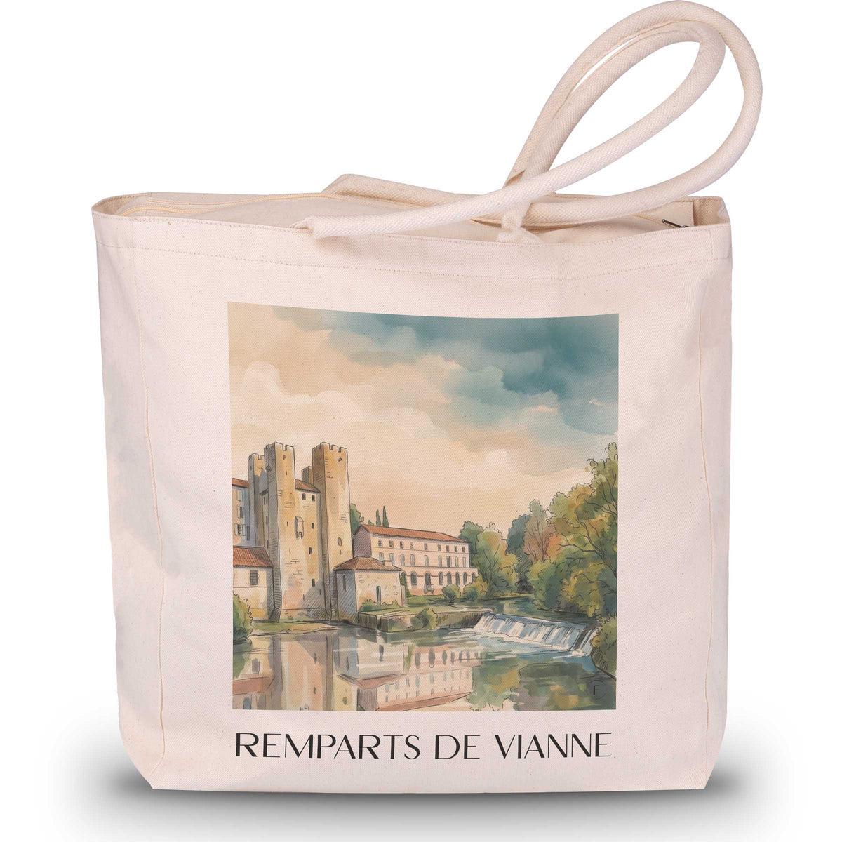 remparts-de-vianne-vianne-frankreich-einkaufstasche-aquarell