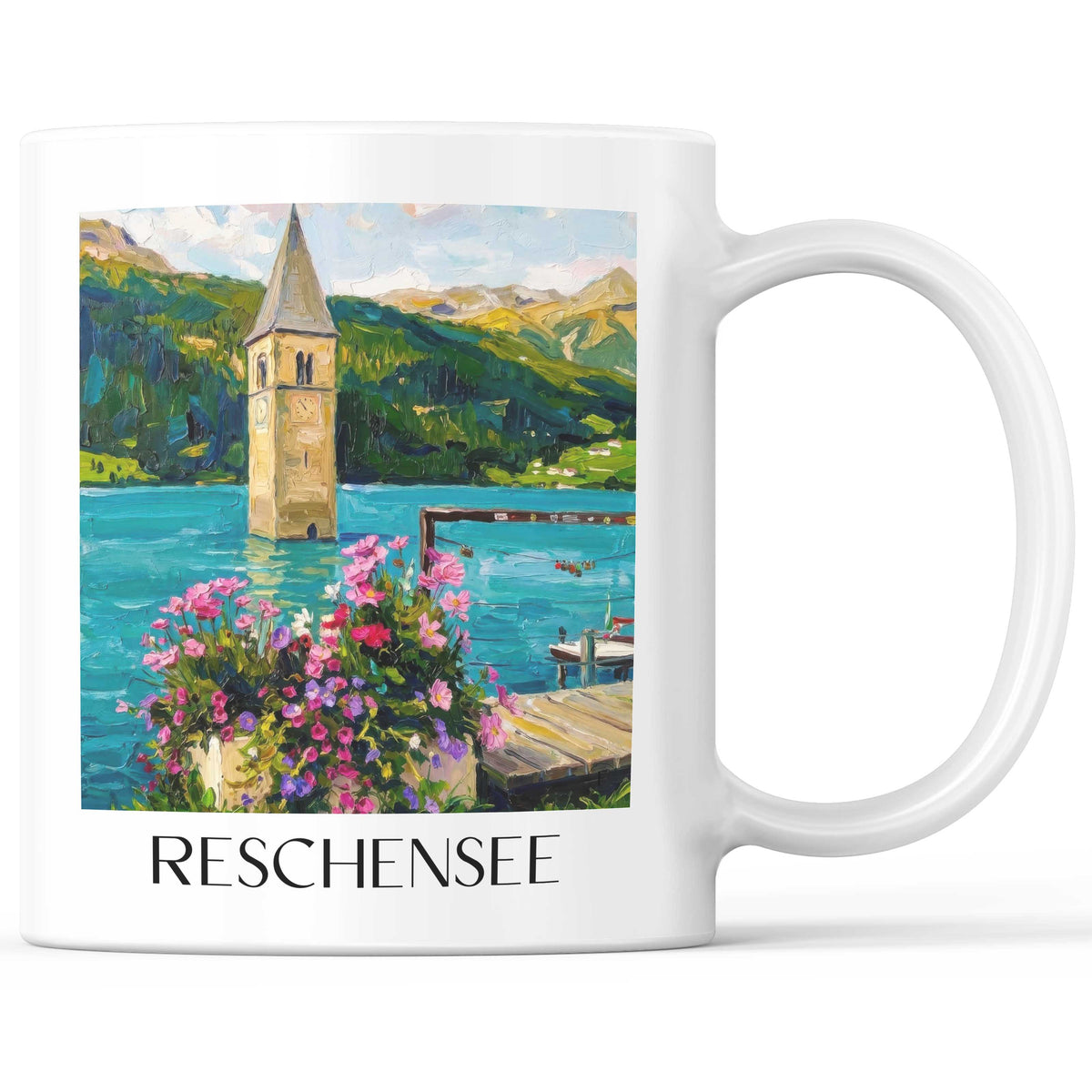 Reschensee Kaffeebecher - Südtirol - Italien Becher - Kaffeetasse im Ölgemälde Stil - favplace