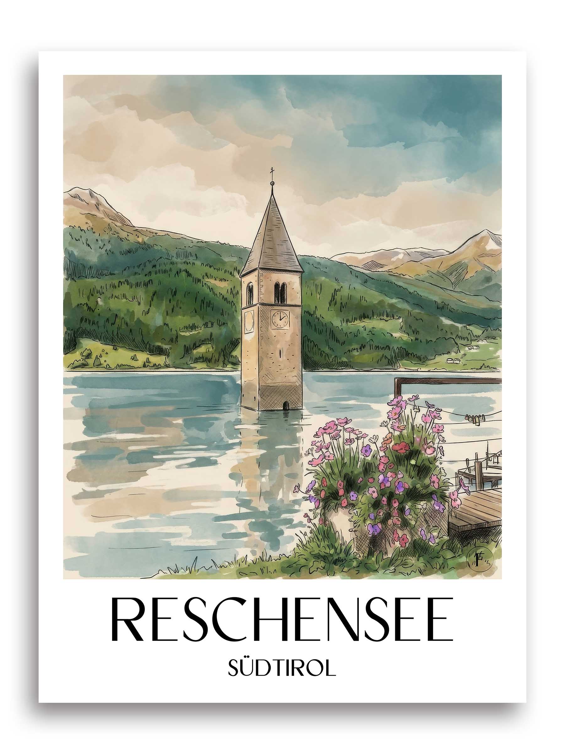 reschensee-südtirol-italien-poster-aquarell