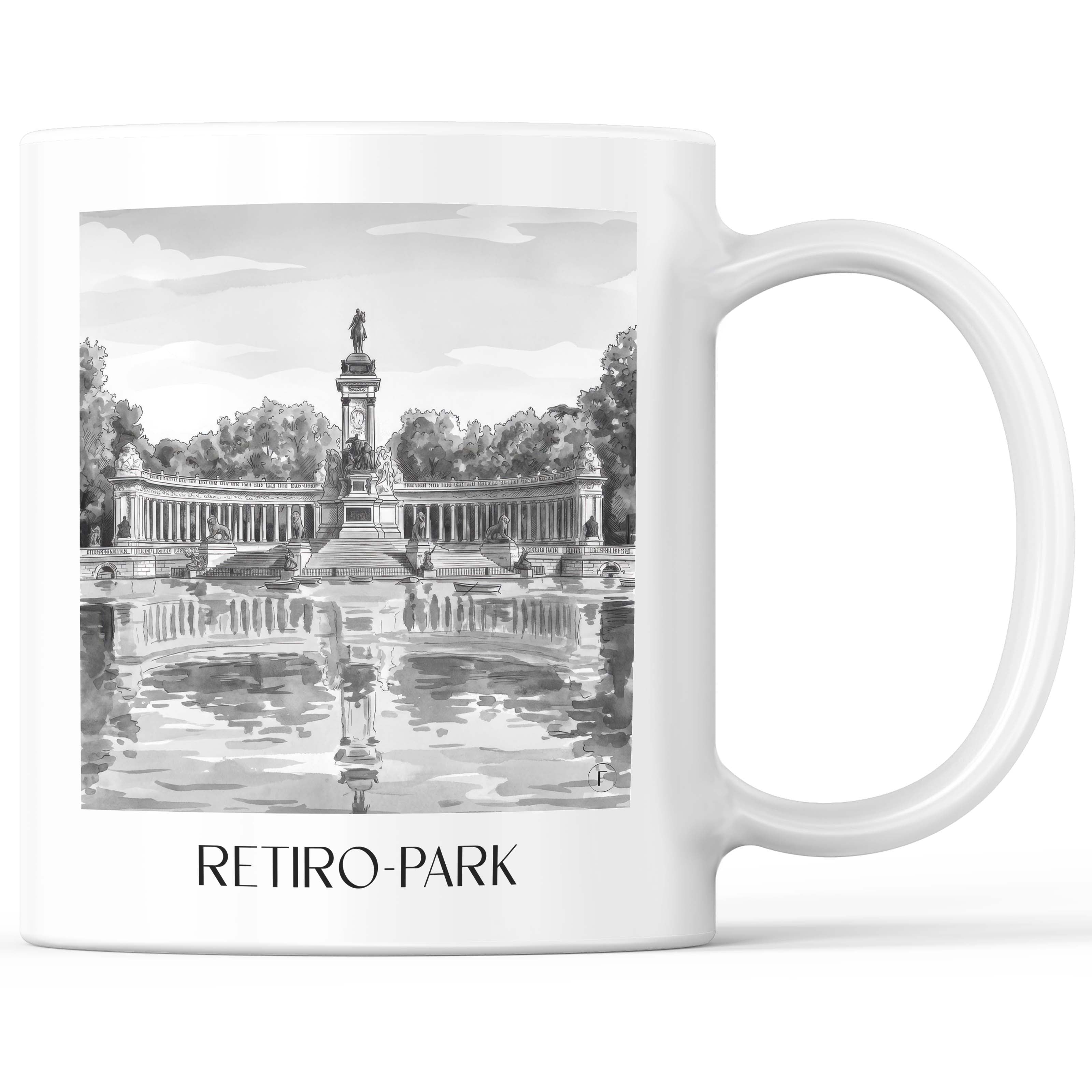 Retiro Park Kaffeebecher - Madrid - Spanien Becher - Kaffeetasse im Aquarell Schwarz-Weiß Stil - favplace