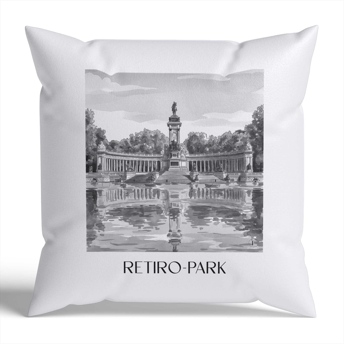 retiro-park-madrid-spanien-kissenbezug-aquarell-schwarz-weiss