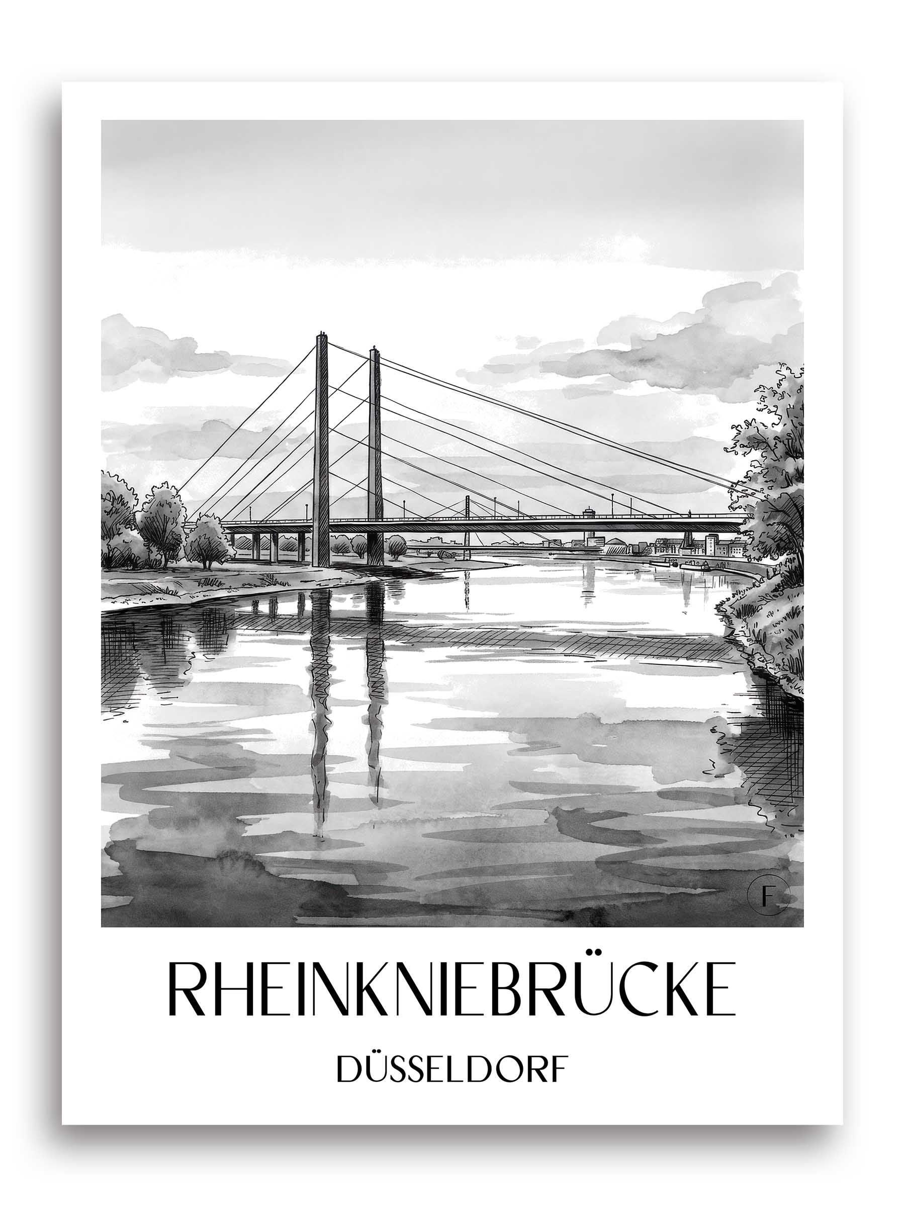 rheinkniebrücke-düsseldorf-deutschland-poster-aquarell-schwarz-weiss