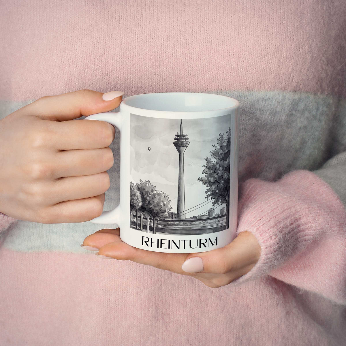 rheinturm-düsseldorf-deutschland-kaffeebecher-aquarell-schwarz-weiss