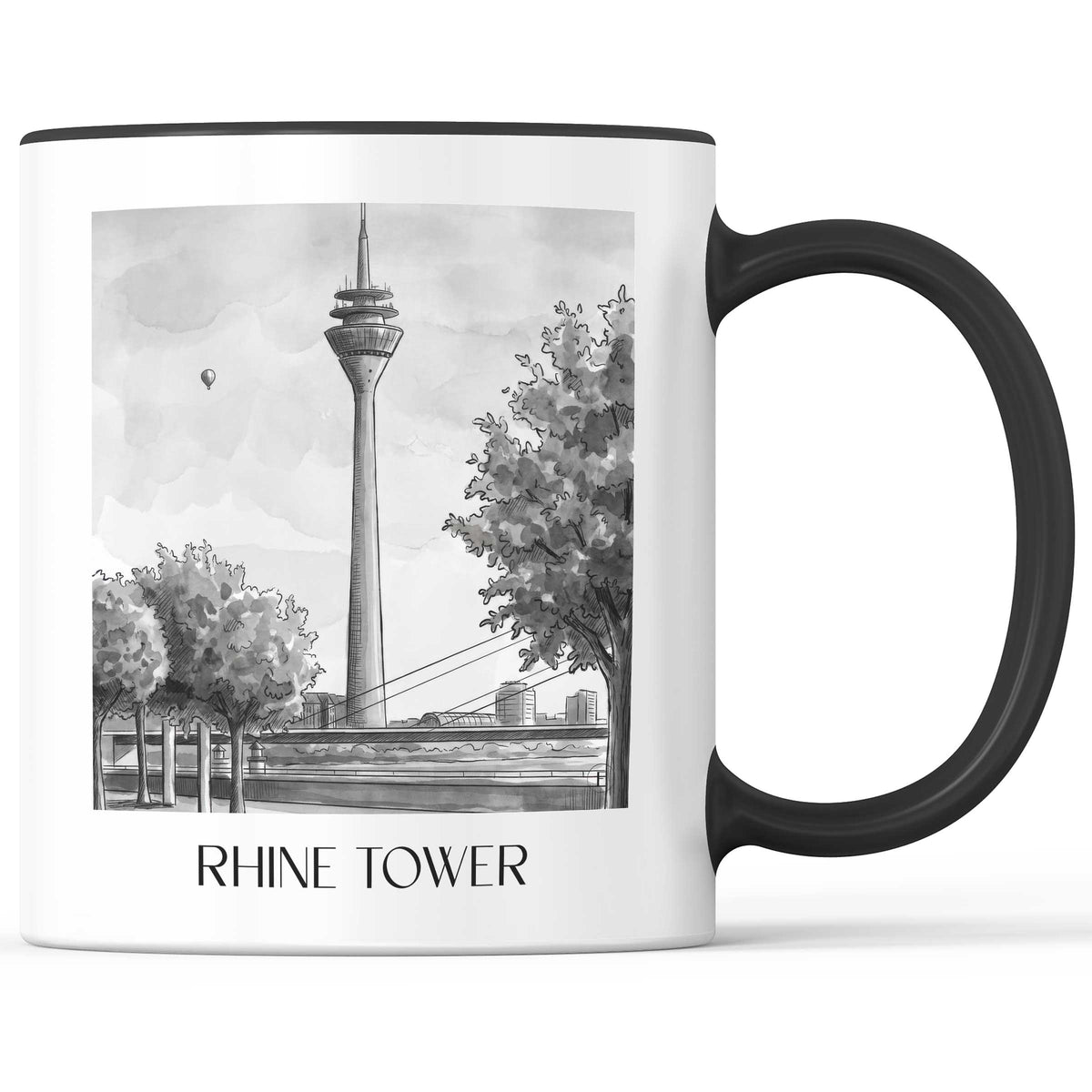 Rheinturm Kaffeebecher - Düsseldorf - Deutschland Becher - Kaffeetasse im Aquarell Schwarz-Weiß Stil - favplace