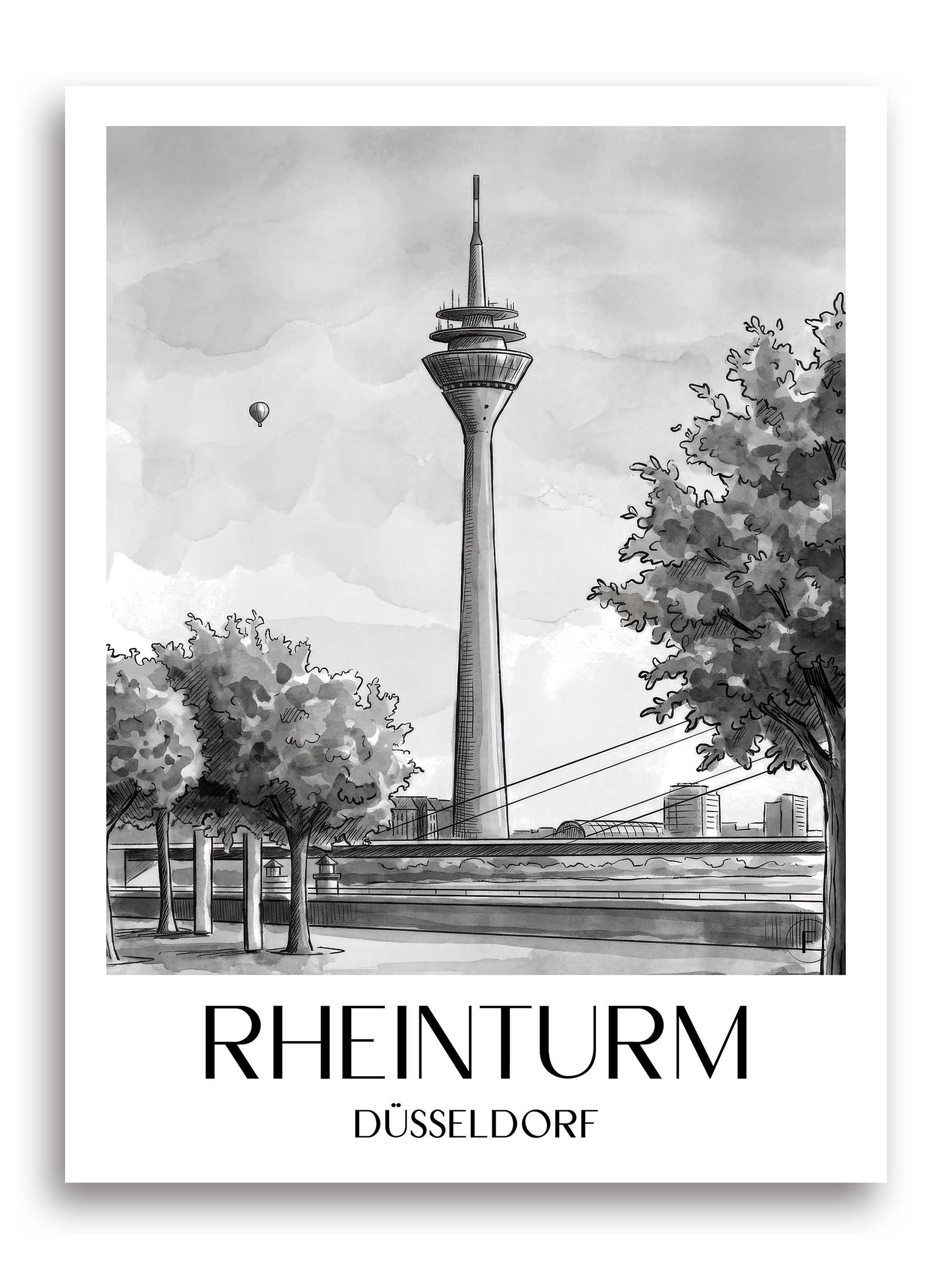 rheinturm-düsseldorf-deutschland-poster-aquarell-schwarz-weiss