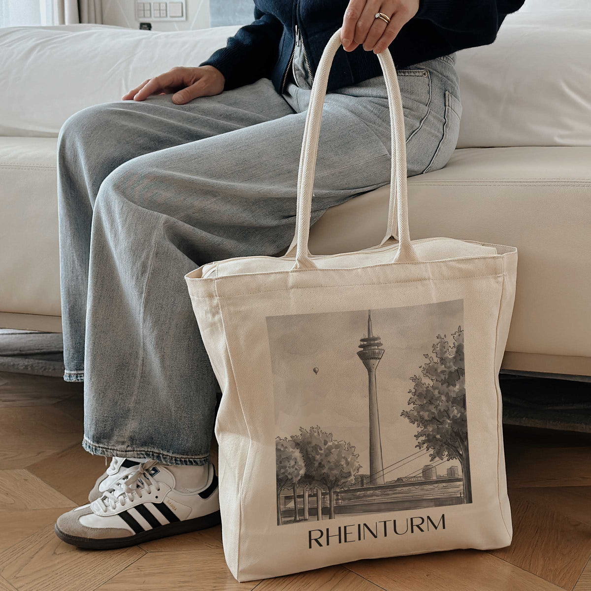 rheinturm-düsseldorf-deutschland-einkaufstasche-aquarell-schwarz-weiss