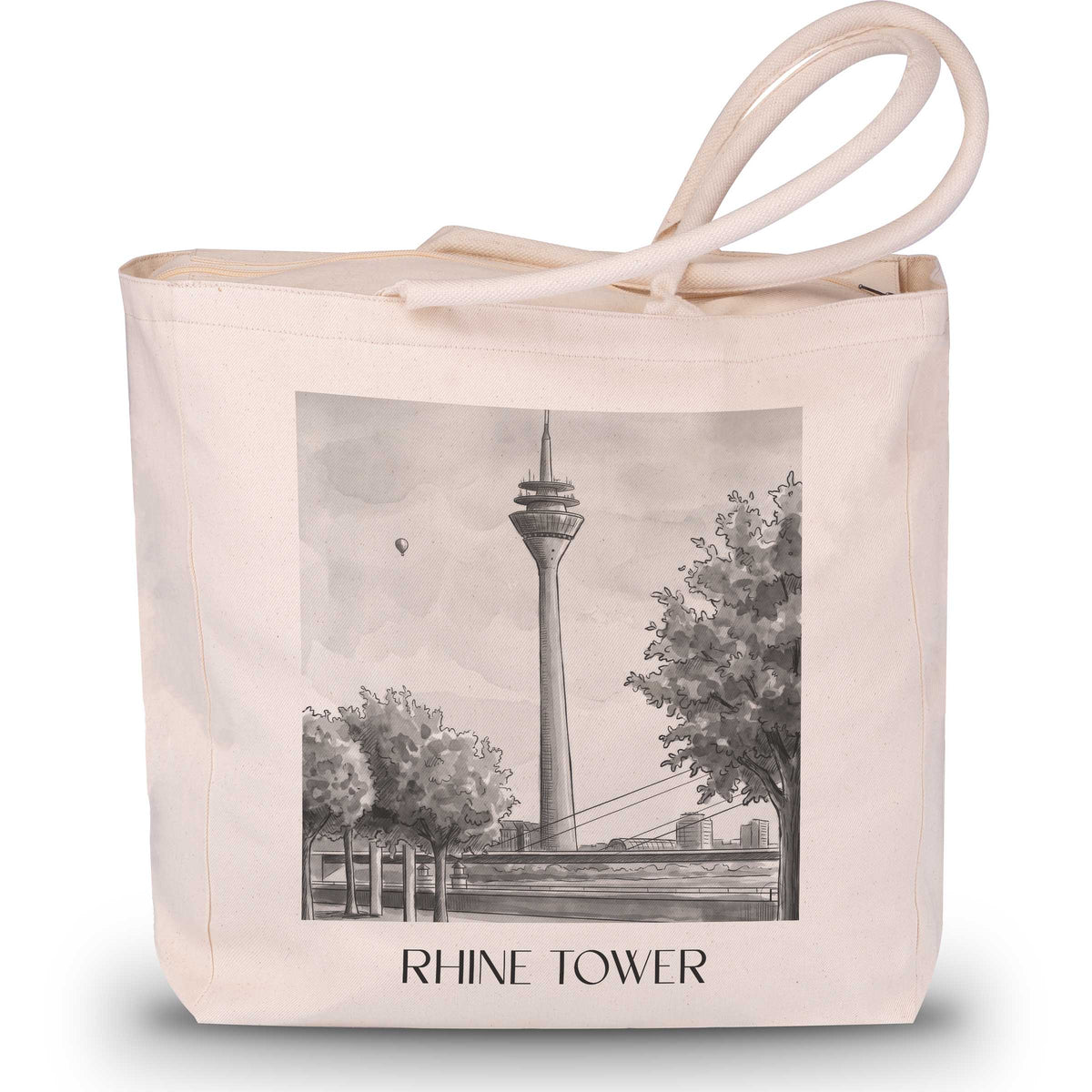 Rheinturm Shopping Tasche - Düsseldorf - Deutschland Tote Bag - Einkaufstasche im Aquarell Schwarz-Weiß Stil - favplace