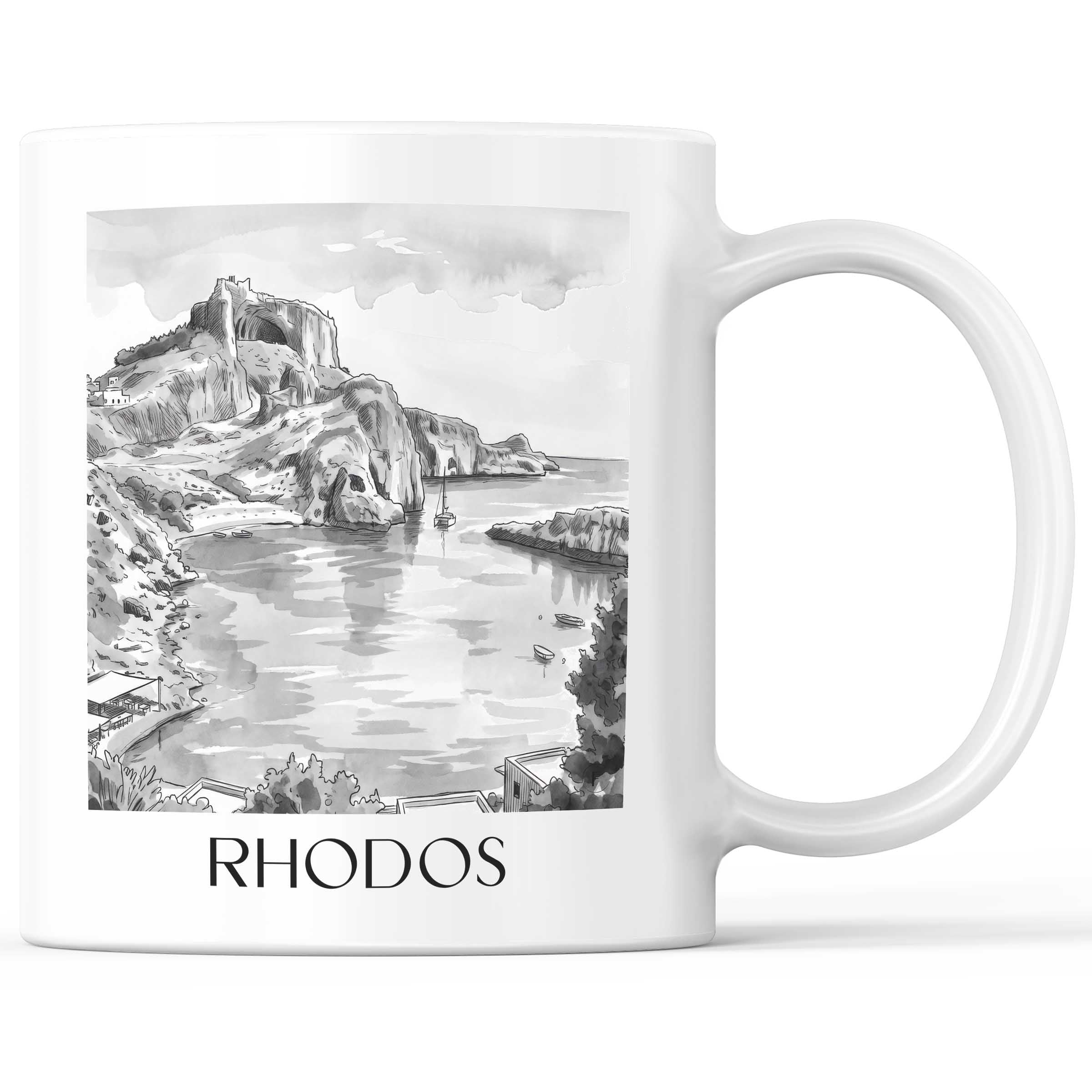Rhodos - Griechenland Becher - Kaffeetasse im Aquarell Schwarz-Weiß Stil - favplace