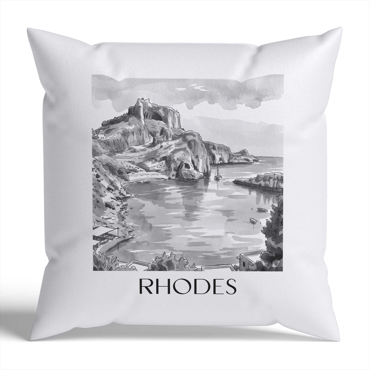 Rhodos Kissenhülle - Zierkissen Bezug - Griechenland - Griechenland Kissen bzw. Kissenbezug im Aquarell Schwarz-Weiß Stil - favplace