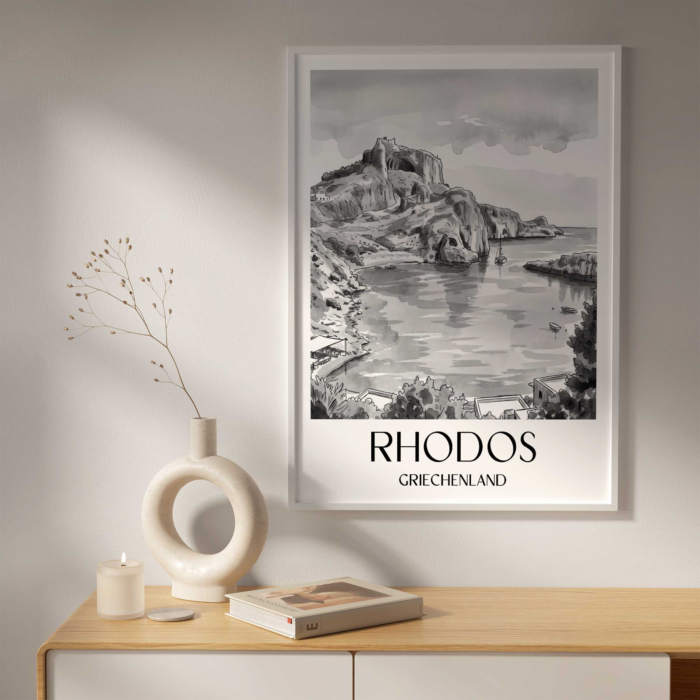 rhodos-griechenland-poster-aquarell-schwarz-weiss