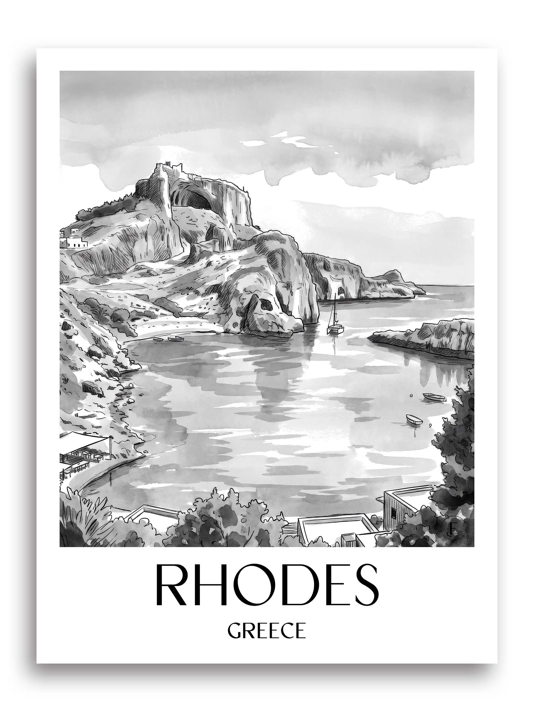 Rhodos Poster - - Griechenland Kunstdruck - Aquarell Schwarz-Weiß von A4 bis A1 - favplace