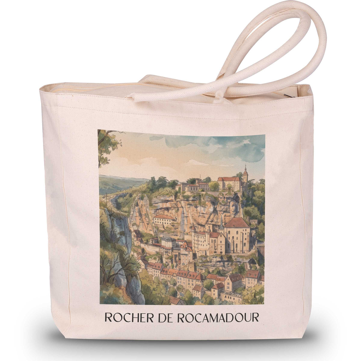 rocher-de-rocamadour-vallée-de-la-dordogne-frankreich-einkaufstasche-aquarell