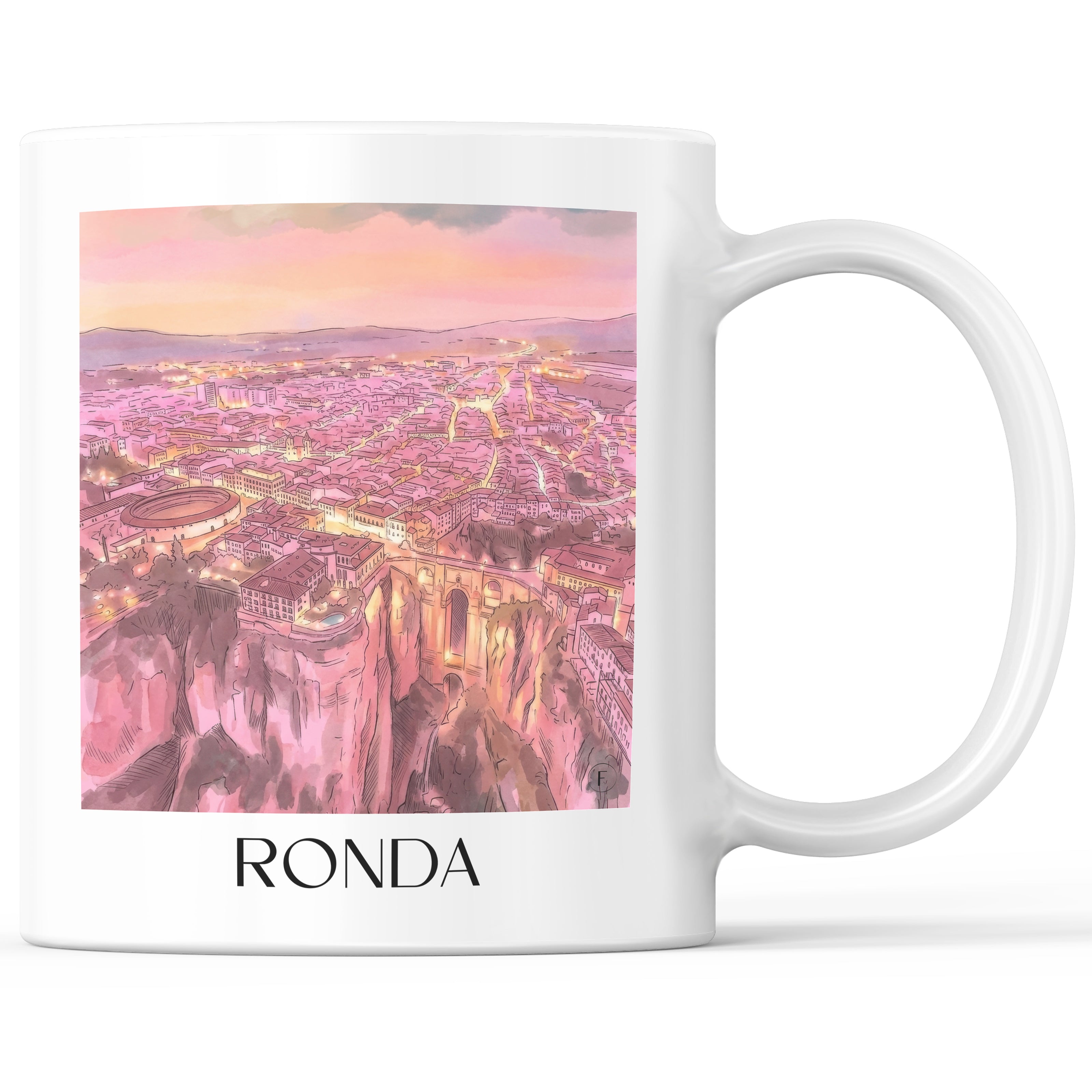 Ronda Kaffeebecher - Spanien - Spanien Becher - Kaffeetasse im Aquarell Pink Stil - favplace