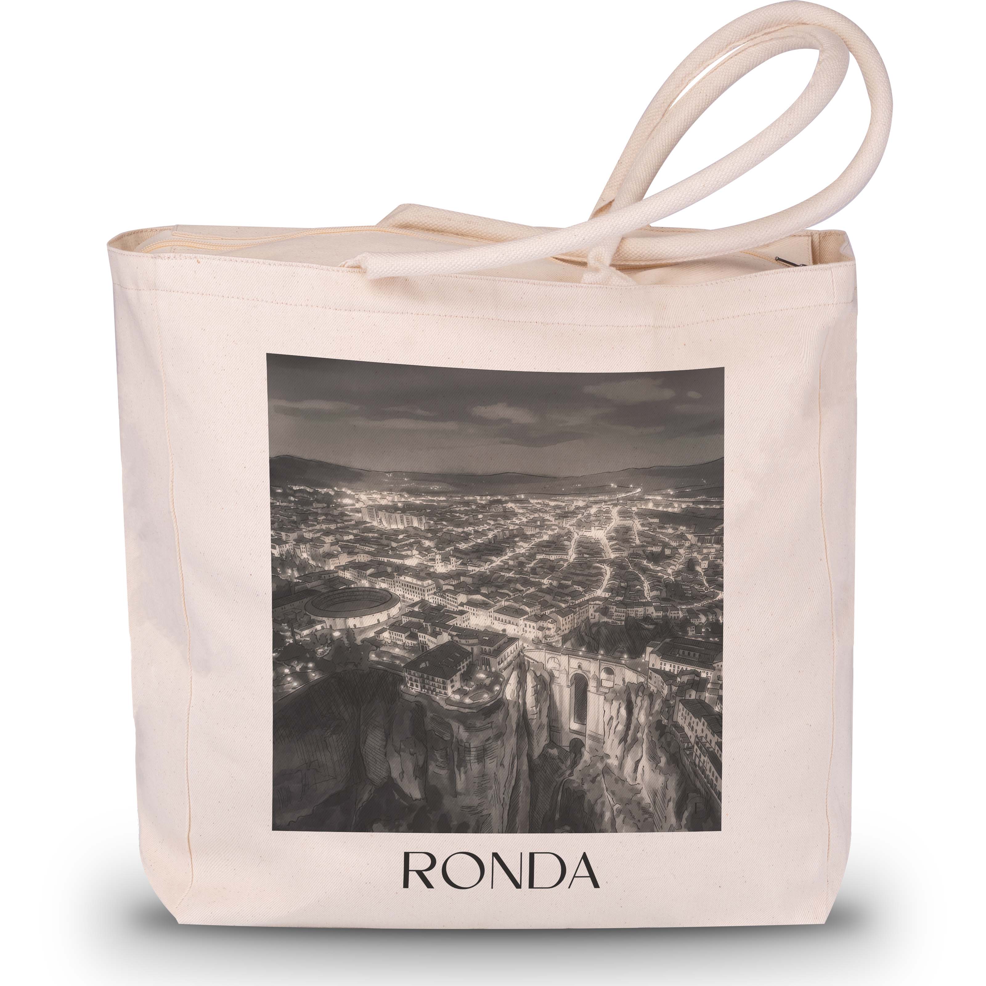 Ronda Shopping Tasche - Spanien - Spanien Tote Bag - Einkaufstasche im Aquarell Schwarz-Weiß Stil - favplace