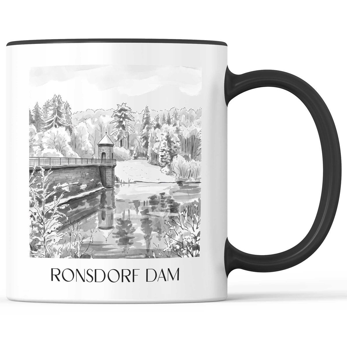 Ronsdorfer Talsperre Kaffeebecher - Wuppertal - Deutschland Becher - Kaffeetasse im Aquarell Schwarz-Weiß Stil - favplace
