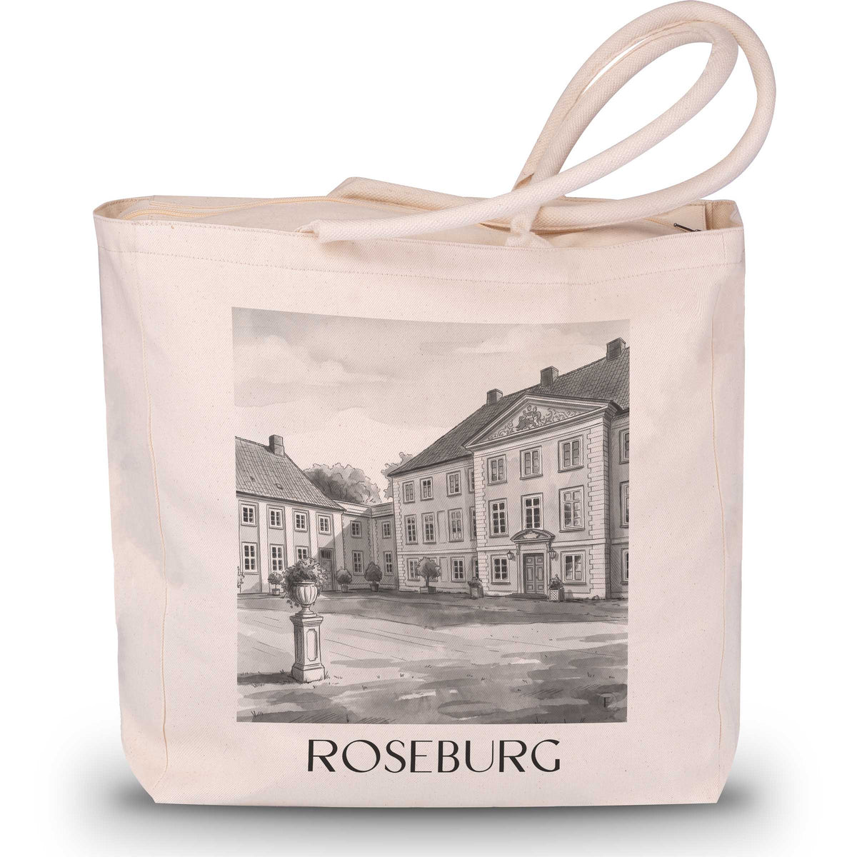 Roseburg Shopping Tasche - Schleswig-Holstein - Deutschland Tote Bag - Einkaufstasche im Aquarell Schwarz-Weiß Stil - favplace