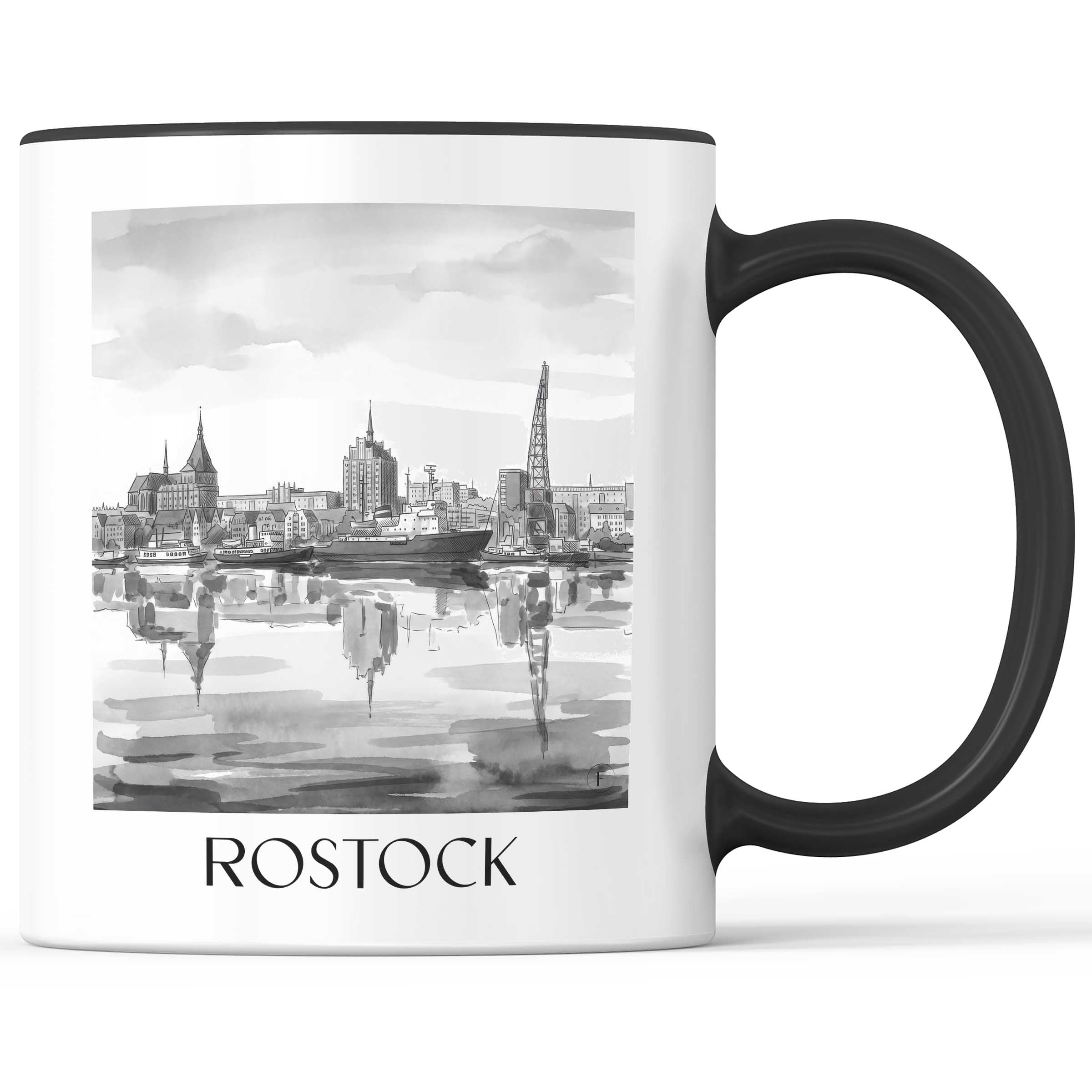 Rostock - Deutschland Becher - Kaffeetasse im Aquarell Schwarz-Weiß Stil - favplace