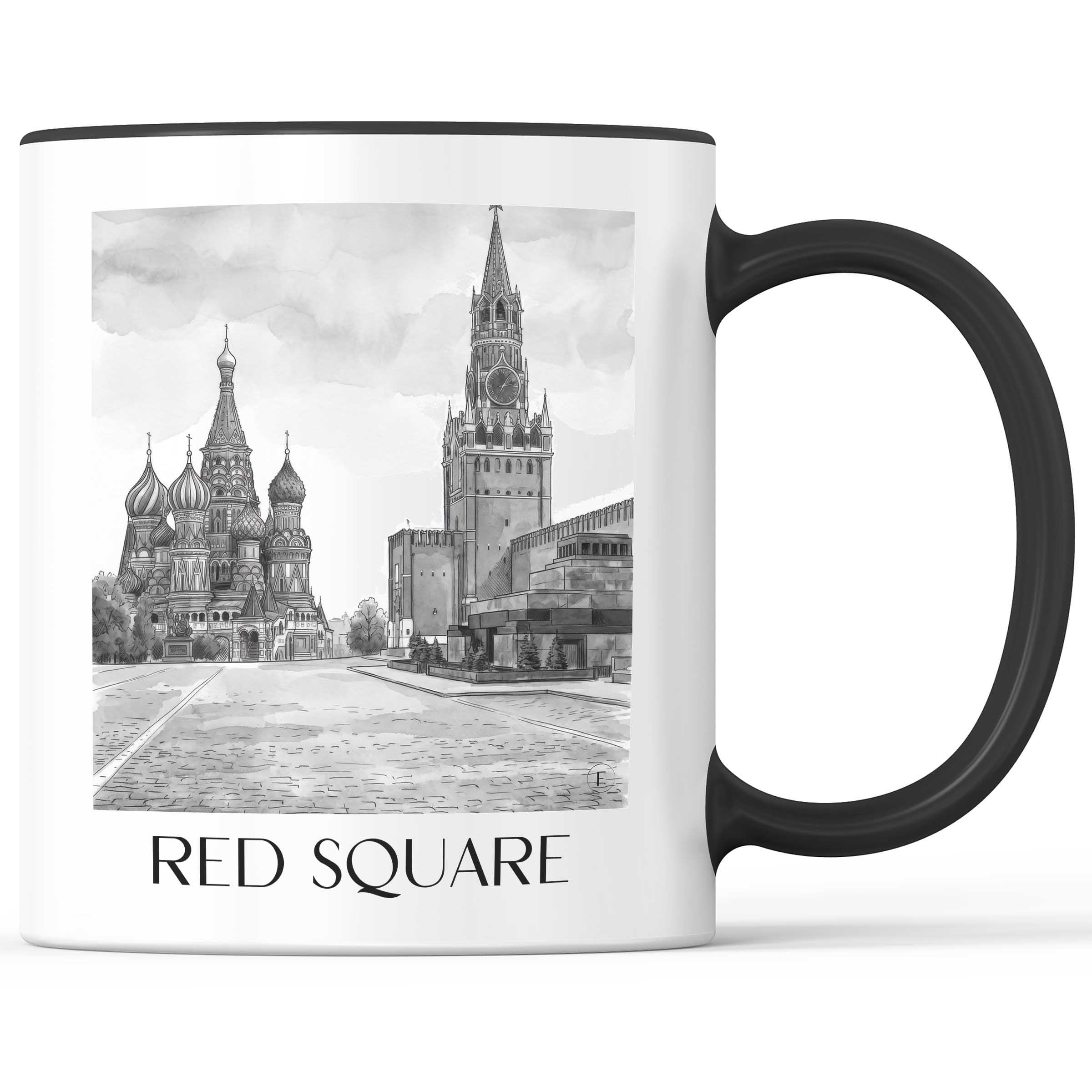 Roter Platz, Kremel - Russland Becher - Kaffeetasse im Aquarell Schwarz-Weiß Stil - favplace