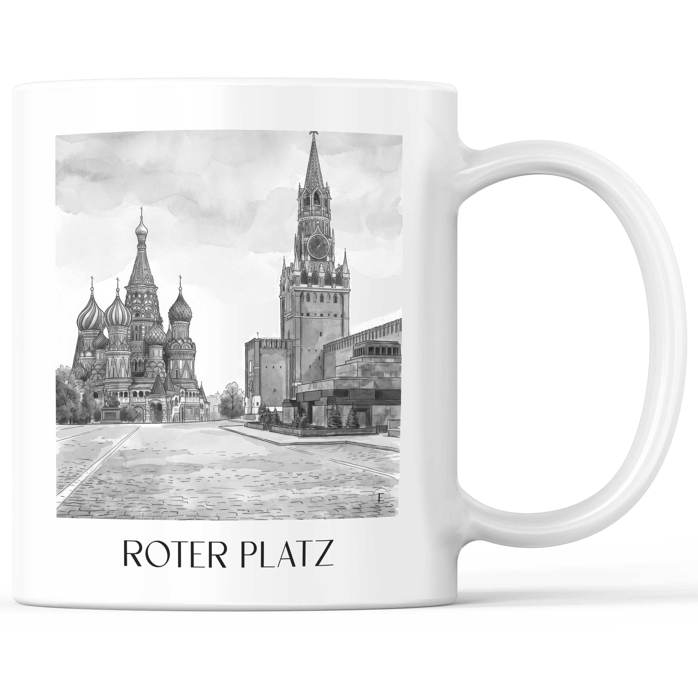 Roter Platz, Kremel - Russland Becher - Kaffeetasse im Aquarell Schwarz-Weiß Stil - favplace