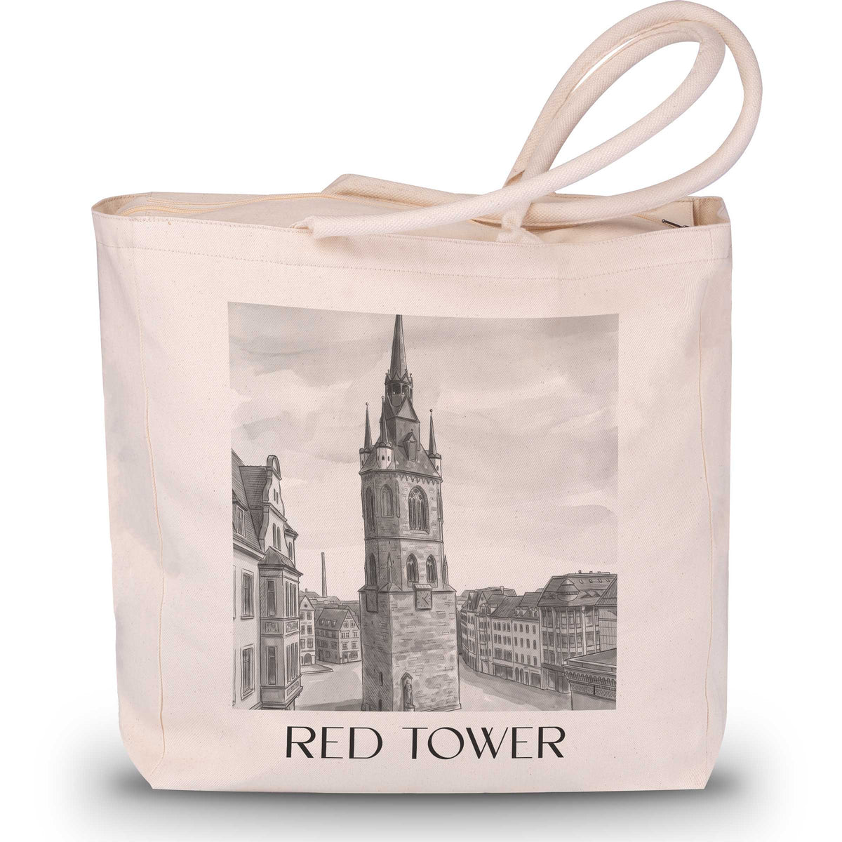 Roter Turm Shopping Tasche - Halle - Deutschland Tote Bag - Einkaufstasche im Aquarell Schwarz-Weiß Stil - favplace