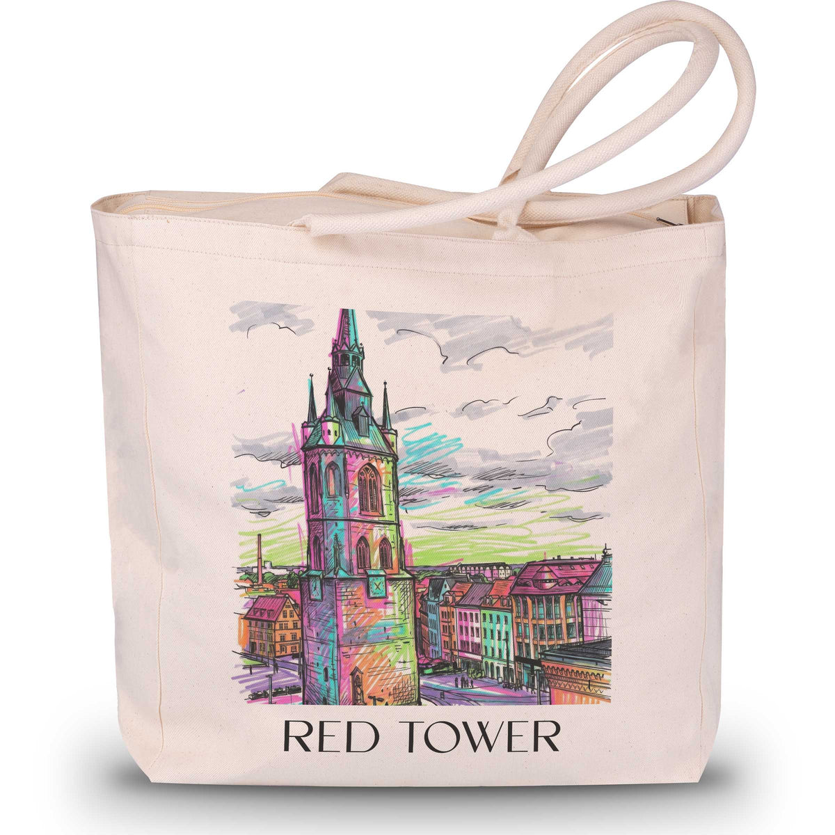 Roter Turm Shopping Tasche - Halle - Deutschland Tote Bag - Einkaufstasche im Tag Graffiti Stil - favplace