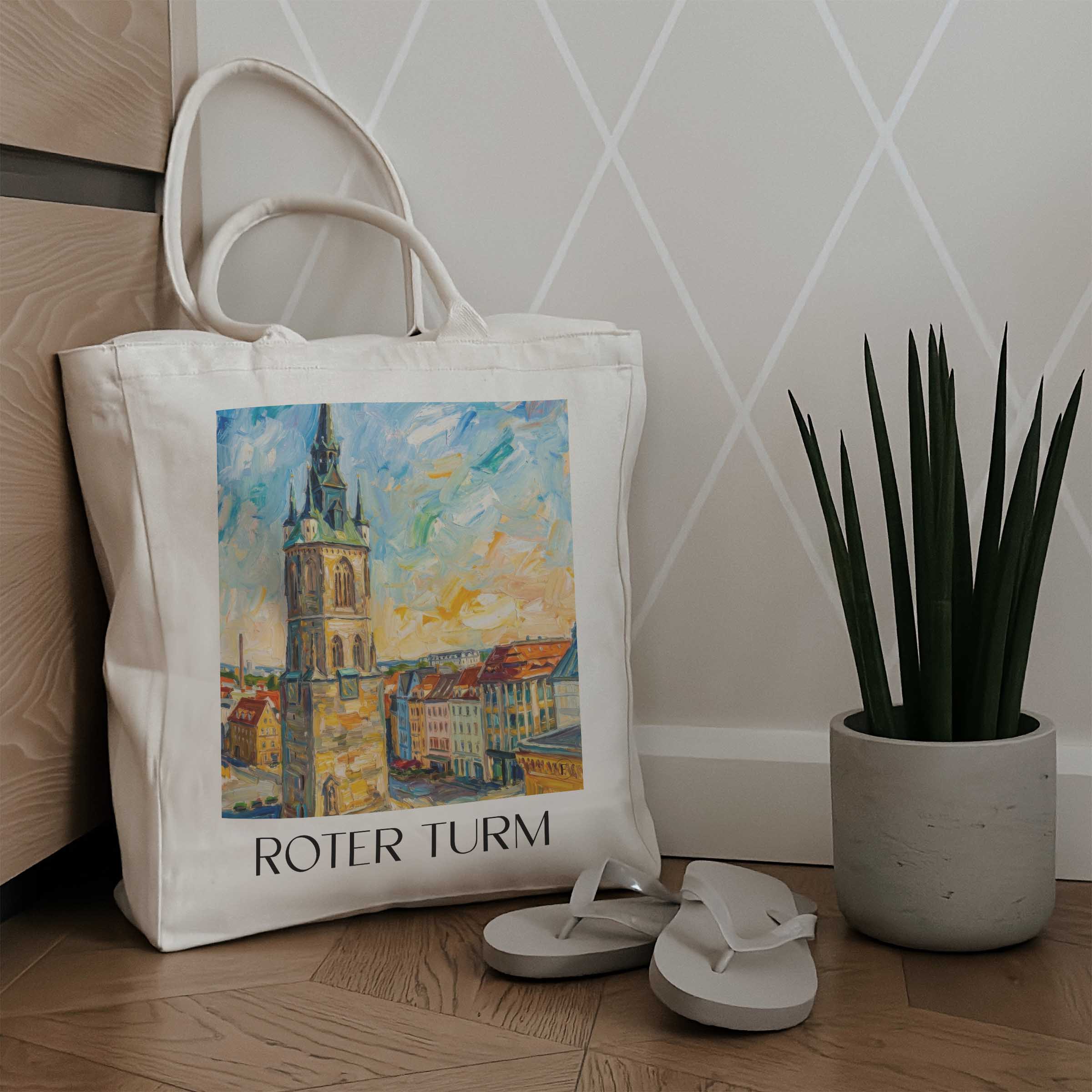 roter-turm-halle-deutschland-einkaufstasche-oil-painting-oelgemaelde